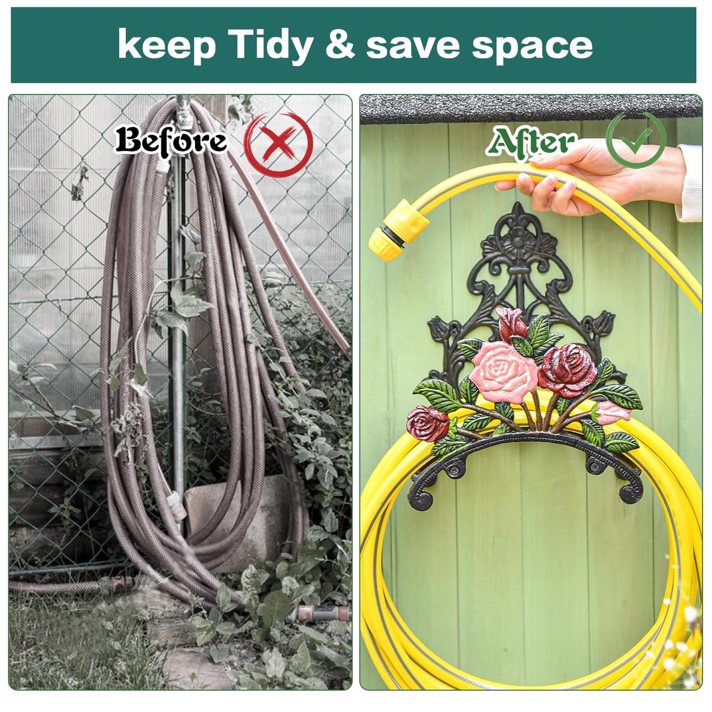 Sungmor Cast Iron Heavy Duty Garden Hose Holder - Decorative Hand-Painted Peony Wall Mounted Water Hose Hanger - Wall Decoration Hanging Hose Rack - Hose Reel Storage Butler - Metal Hose Stand