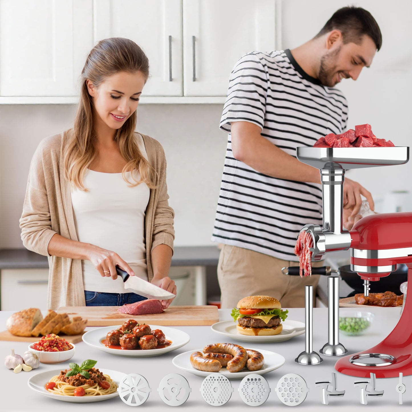 Metal Food Grinder Attachment for KitchenAid Stand Mixer and Cuisinart Mixer SM-50Series,Meat Grinder,Durable Attachment for KitchenAid Mixers,Sausage Stuffer,5 Grinding Plates,2 Grinding Blade