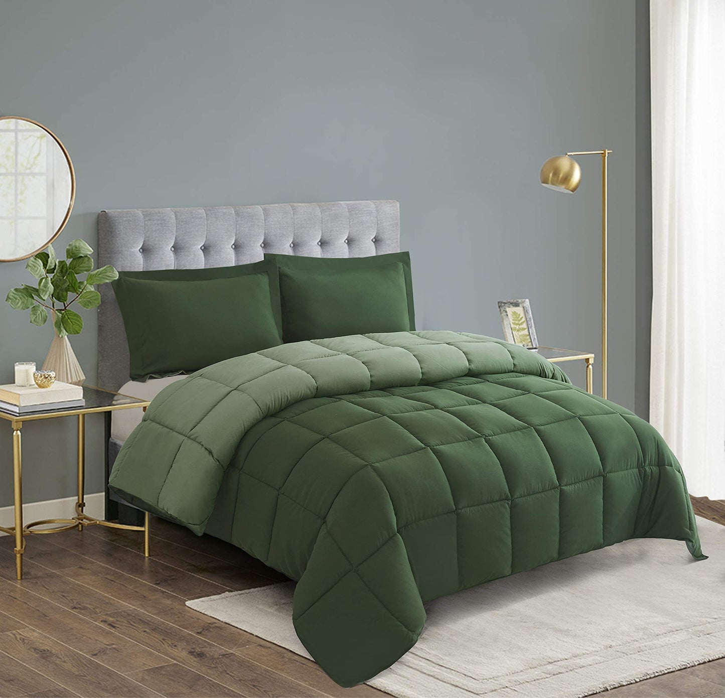 HIG 3pc Green Down Alternative Comforter Set Queen Size - All Season Reversible Comforter with Two Shams - Quilted Duvet Insert with Corner Tabs - Box Stitched - Breathable, Soft, Fluffy