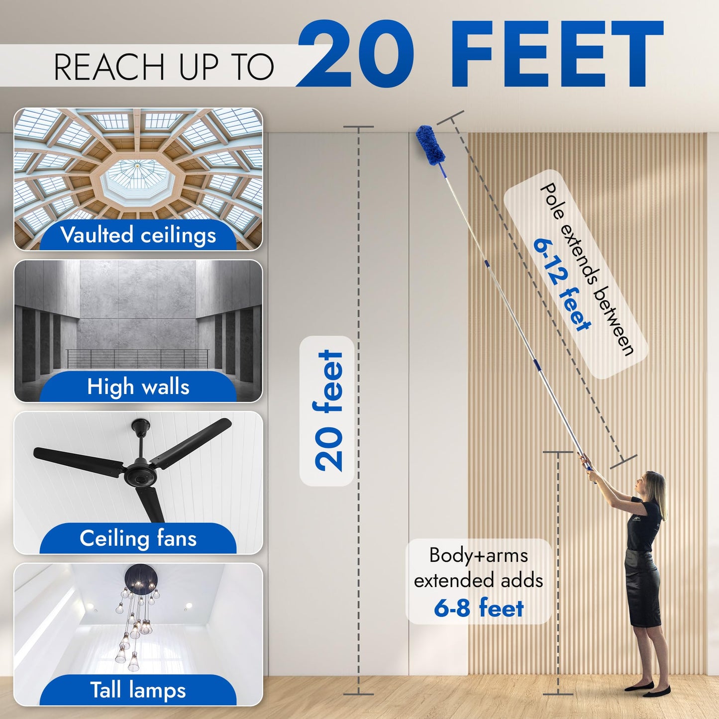 High Ceiling Duster Kit | Webster Cobweb Duster with Extension Pole | Ceiling Fan Duster 13 to 20 Foot Reach Telescope Pole | Lightweight Extendable Feather Like Dusters