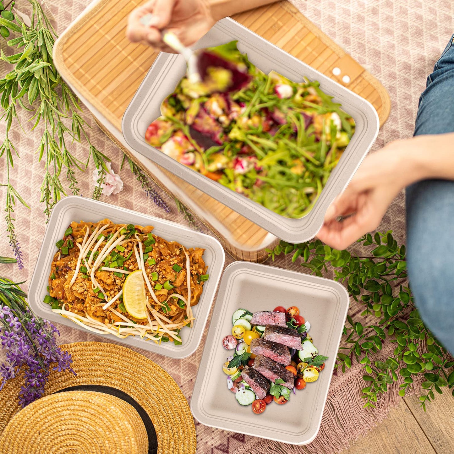 Lawei 50 Pack 14 Inch Biodegradable Paper Plates, Rectangle Compostable Disposable Food Trays 100% Heavy-Duty Sugarcane Bagasse Paper Platter for Seafood, BBQ, Picnic, Party
