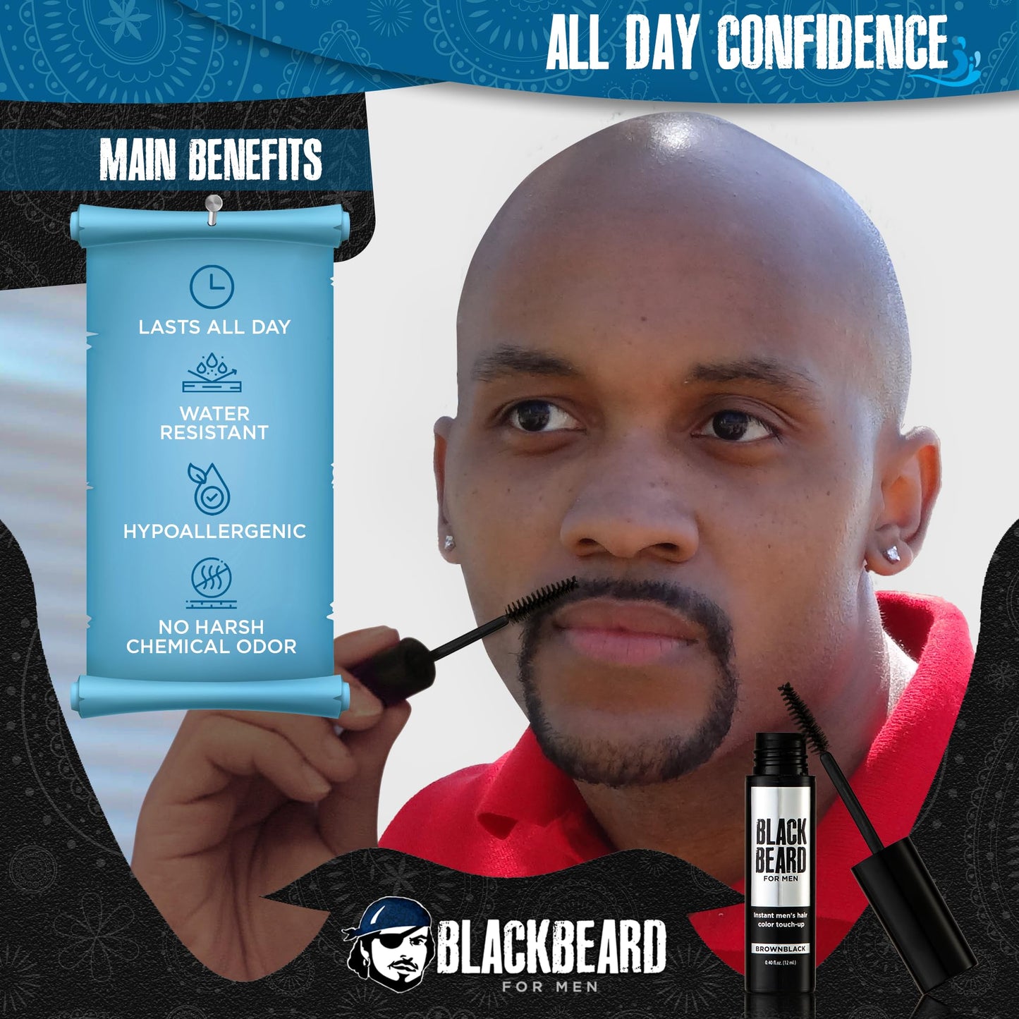 Blackbeard for Men Formula X Instant Mustache, Beard, Eyebrow and Sideburns Color - Fast, Easy, Men’s Grooming, Beard Dye Alternative, Brown/Black, 3 Pack