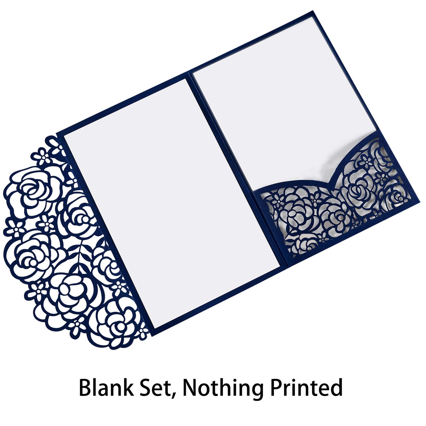 DreamBuilt 4.7 x7 inch 50PCS Blank Navy Blue Wedding Invitations Kit Laser Cut Hollow Rose Pocket Wedding Invitation Cards with Envelopes for Wedding Bridal Shower Engagement Invite