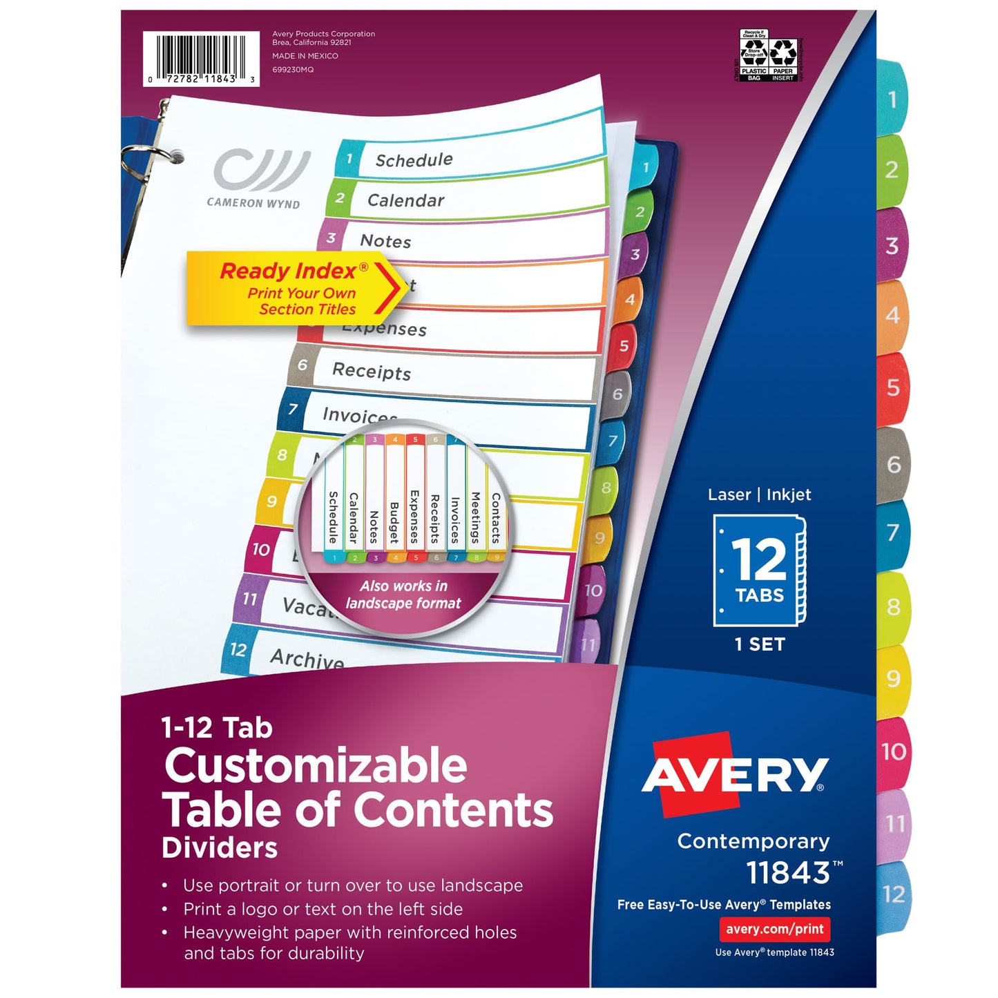 Avery 12 Tab Dividers for 3 Ring Binder, Multicolor Tab Dividers, Customizable Table of Contents, 24 Set (11843)