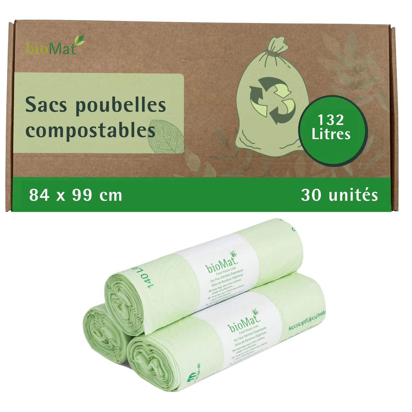 bioMat 132l / 35 Gallon Compostable Wheelie Bin Liners, 30 Count, BPI ASTM D6400, Large Compost Bags for Organic Waste and Residual Waste Bins