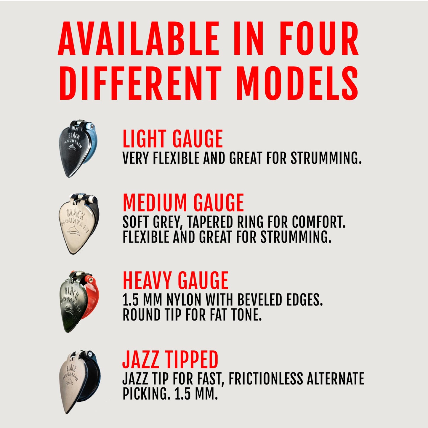 Black Mountain Thumb Picks - Variety Pack for Acoustic Guitar, Electric Guitar, Bass, Ukulele, Banjo, Mandolin - Spring Loaded Premium Finger Picks for Musicians - Light, Medium, Heavy, and Jazz Pick
