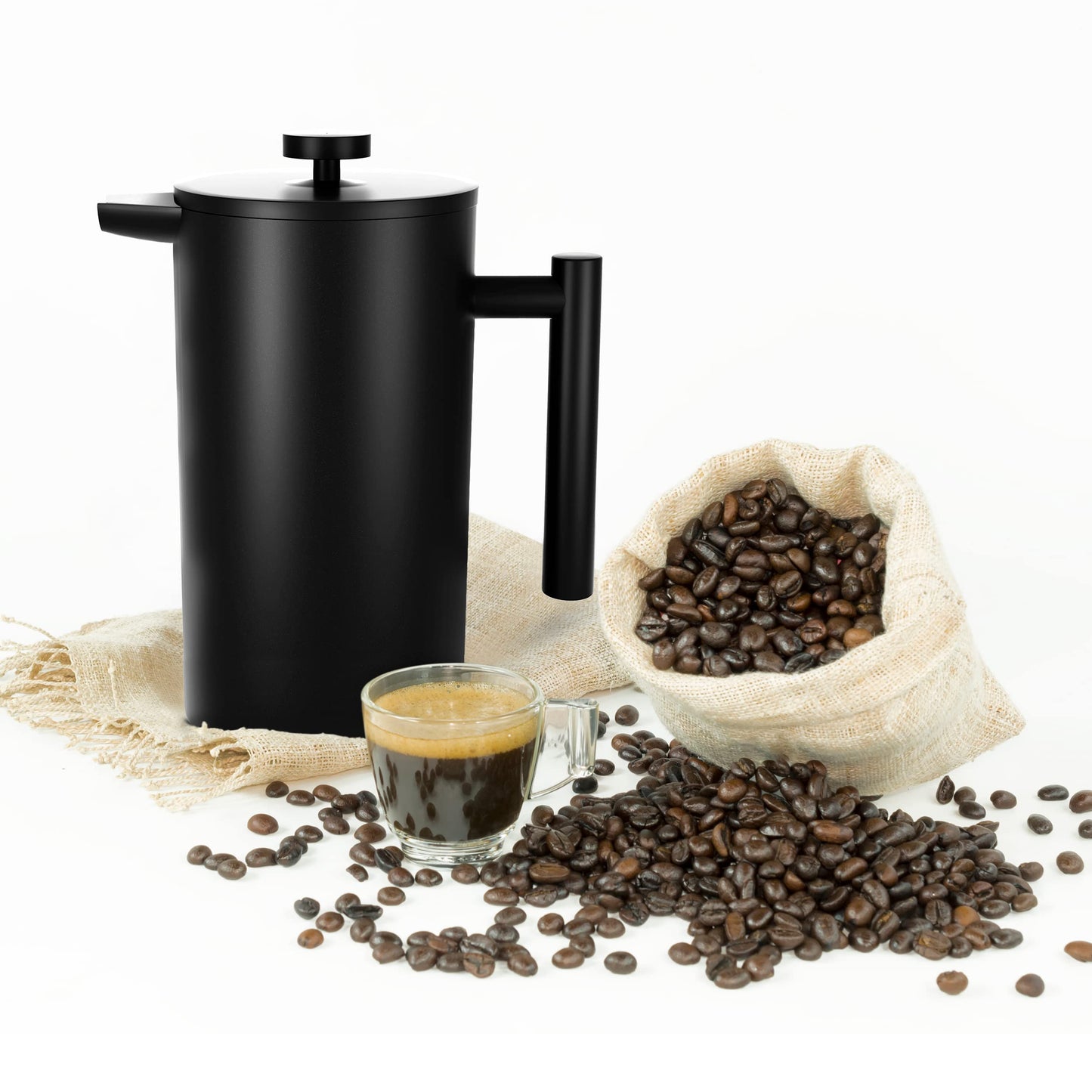 KICHLY - 34 OZ French Press, 100% Stainless Steel Double Walled Insulated Coffee Press with Fine Filters, Espresso & Tea Maker - Black