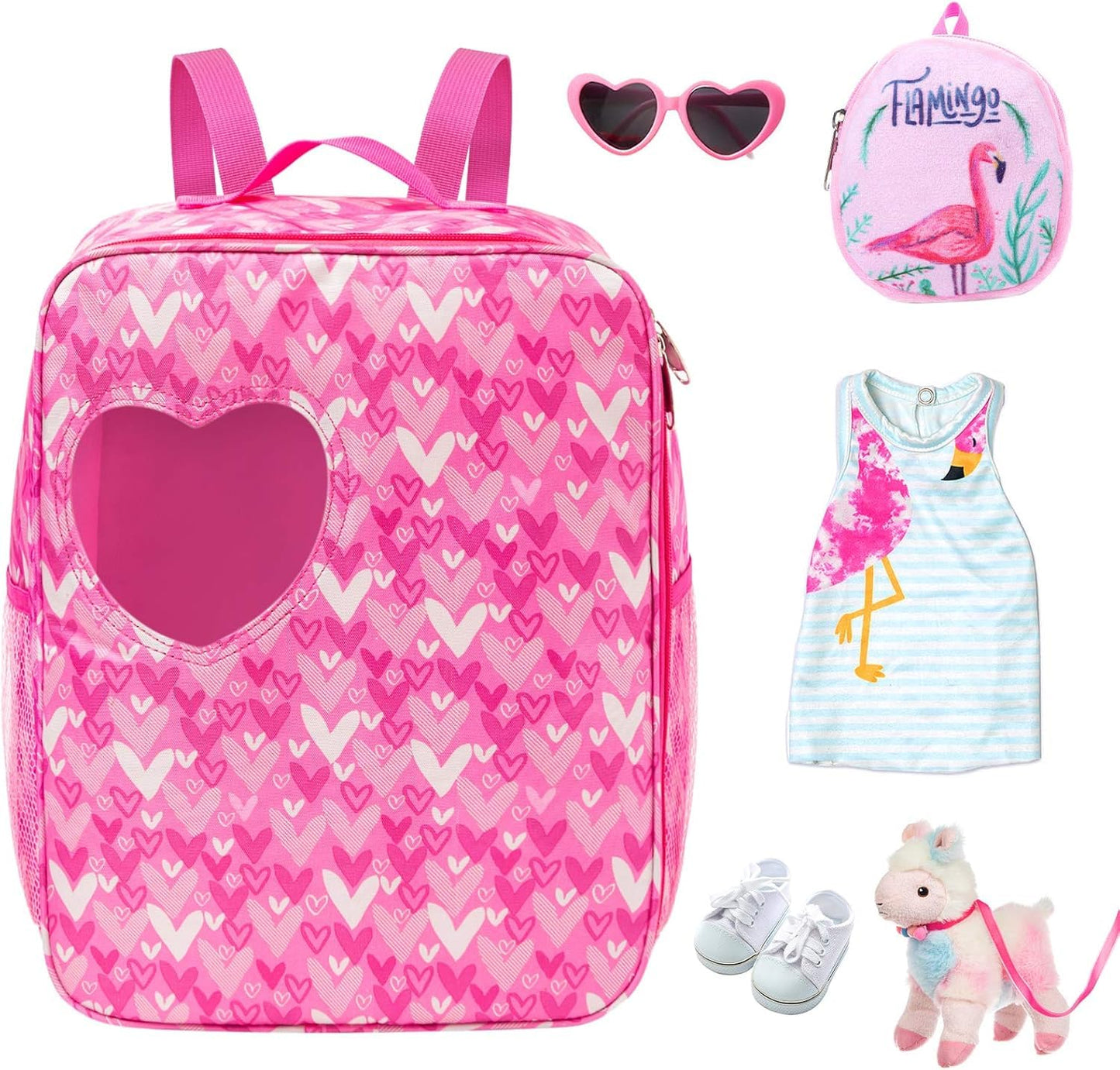 18 Inch Girl Doll Carrier Bag with Doll Clothes and Accessories,Including Dress, White Cloth Doll Shoes ,Doll Backpack, Sunglasses, Toy Lamb
