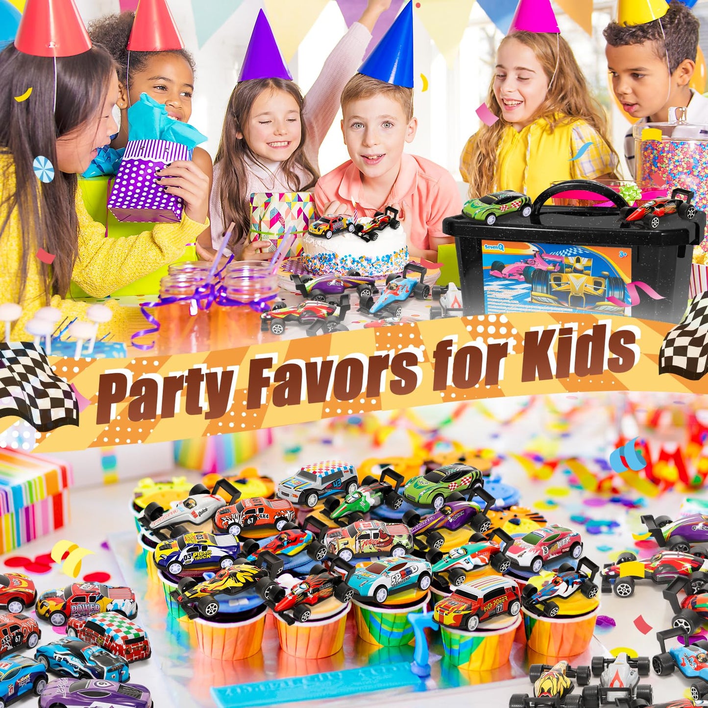 SevenQ Party Favors Toy Cars for Boys with Storage Box, 67Pcs Pull Back Race Cars Bulk, Treasure Box Toys for Classroom Goodie Bag Stocking Stuffers for Kids Toddler Vehicles Mini Fidget Toys