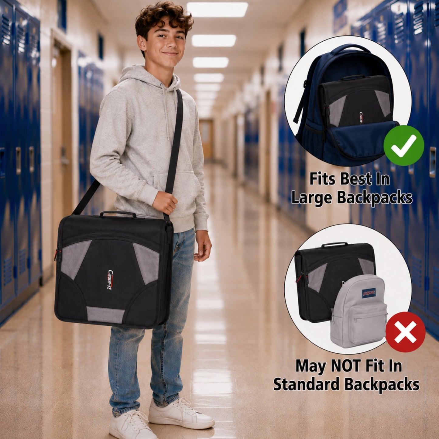 Case-it The King Sized Zip Tab Zipper Binder - 4 Inch D-Rings - 5 Subject File Folder - Multiple Pockets - 800 Sheet Capacity - Comes with Shoulder Strap - Jet Black D-186