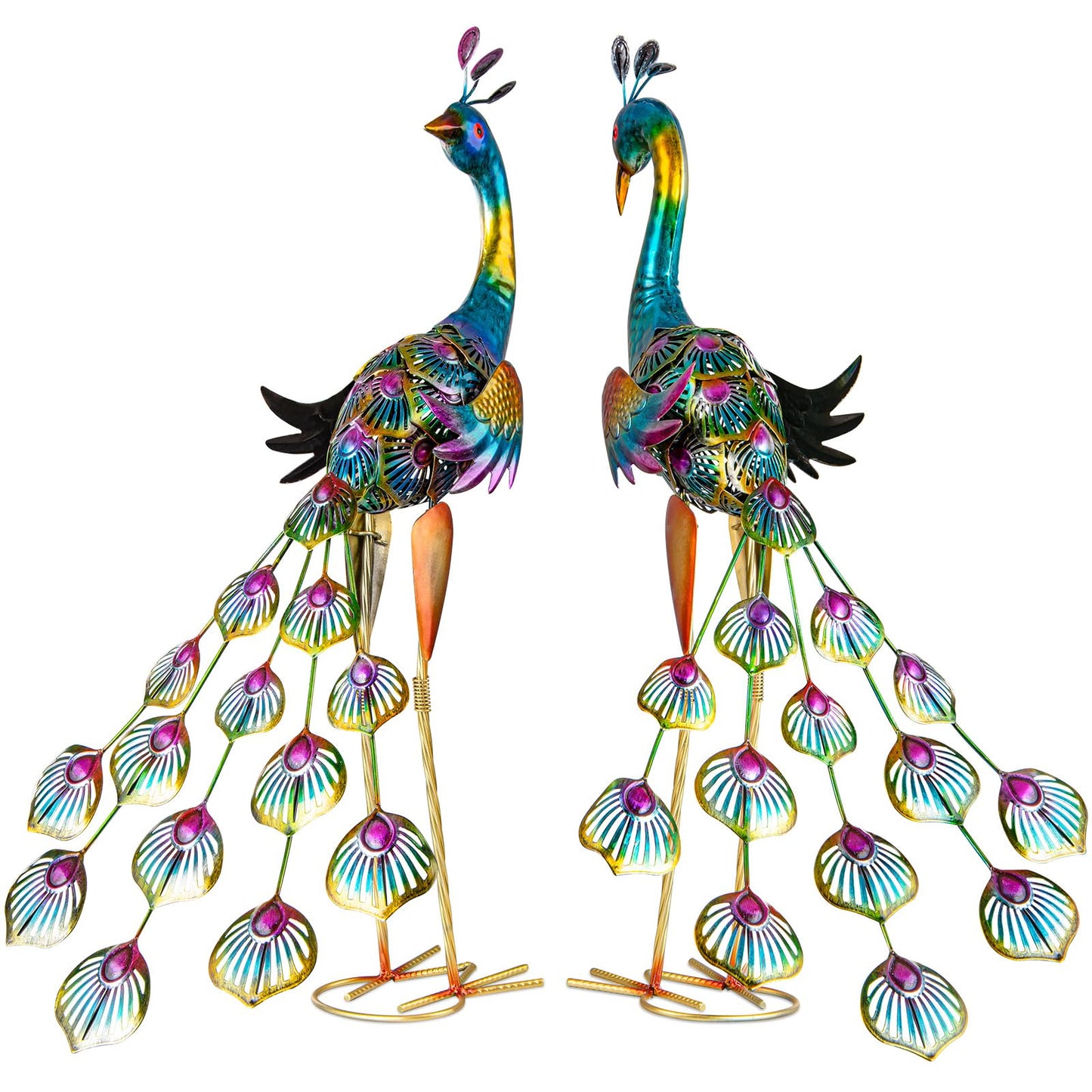 Metal Peacock Garden Statues Yard Art Outdoor Sculptures for Home Patio Lawn Backyard Décor, Set of 2 (Peacock)