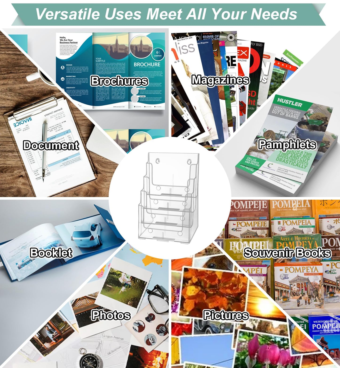 Acrylic Brochure Holder 8.5 x 11 inches, 4 Tier Clear Brochure Display Stand with Removable Divider for Trifold 4 Inches Wide Pamphlet, Plastic Flyer Holder for Magazine, Literature, Booklet