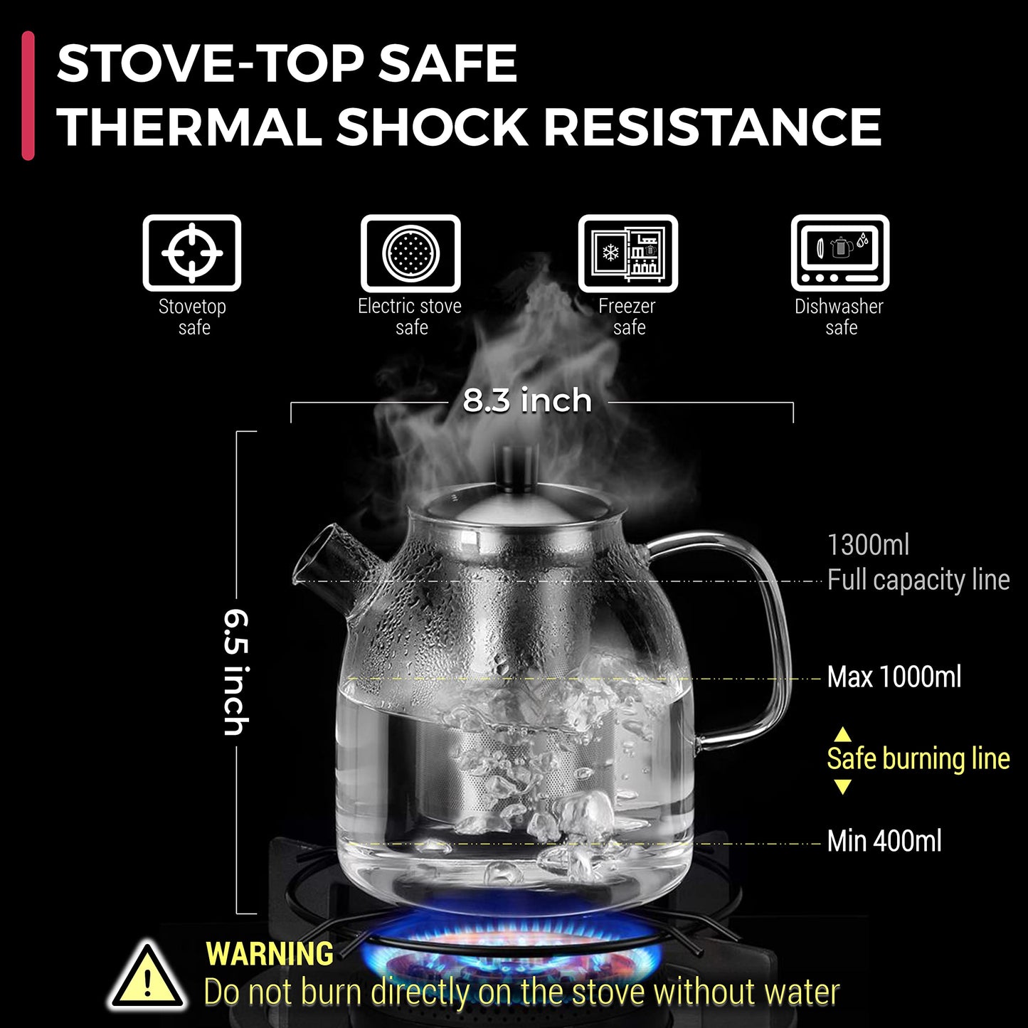 Dorsaer Glass Teapot with Infuser, 43oz/1.3L Large Tea Pot with Removable Tea Infuser | Stainless Steel Tea Steeper | Loose Leaf Tea Infuser | Blooming Tea