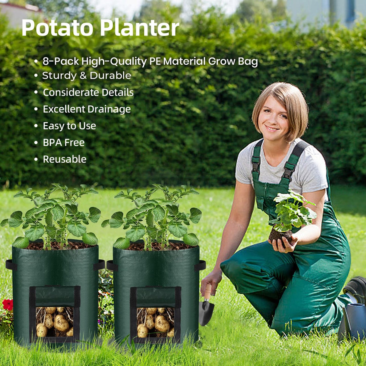 8 Pack Grow Bags, 10 Gallon Potato Growing Bags Durable PE Vegetable Planter Bag with Flap and Handles Large Garden Pots Potato Growing Containers for Vegetables, Fruits and More