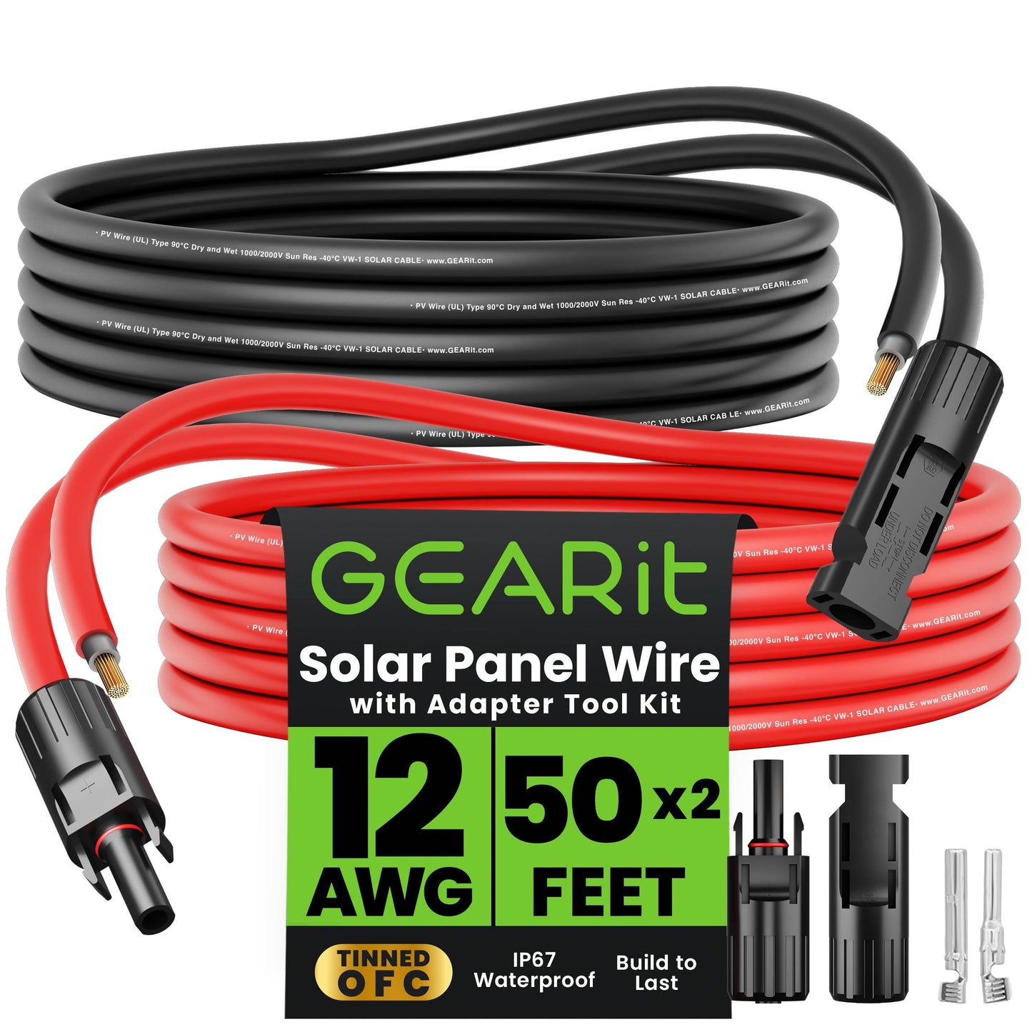 GearIT 12AWG Solar Extension Cable (50FT Black - 50Ft Red) Male to Female Solar Connectors with Adapter Tool Kit, Solar Panel Renewable Energy, 12 Gauge Pure Copper Extension Cord, 50 Feet