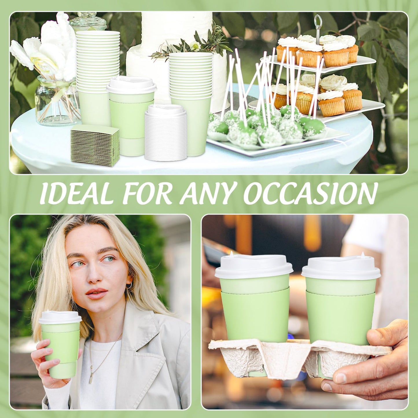 JarThenaAMCS 50Pcs St. Patrick's Day Green Disposable Coffee Cups with Lids and Sleeves 12oz Paper Drinking Cups for Wedding Birthday Baby Shower Bachelorette Party Supplies