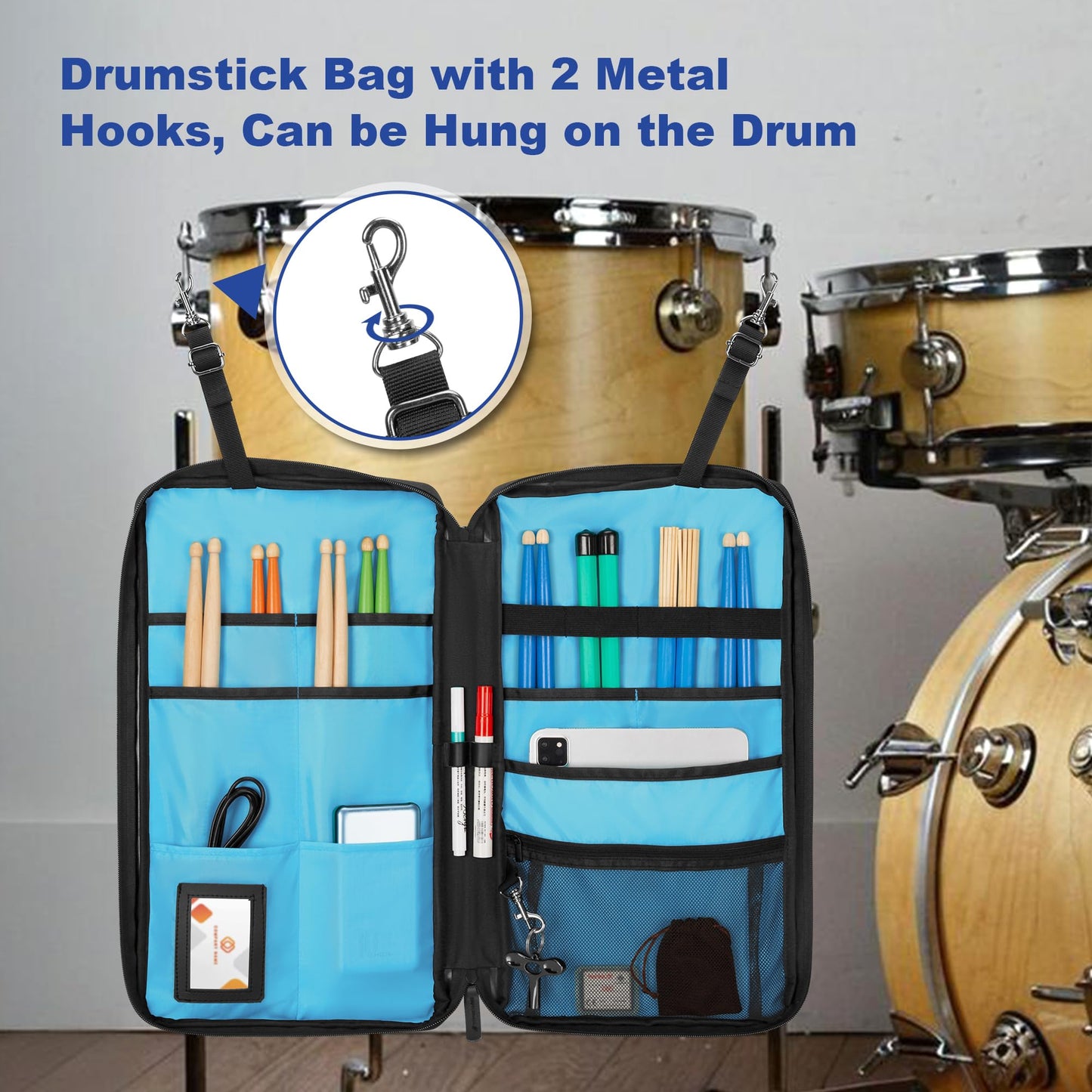 Yarwo Drum Stick Bag with Hanging Hooks, Drum Mallet Holder with Adjustable Shoulder Strap for Drumsticks, Mallets, Brushes, Sheet Music, Percussion Accessories for Drummers in Band, Gig, Studio