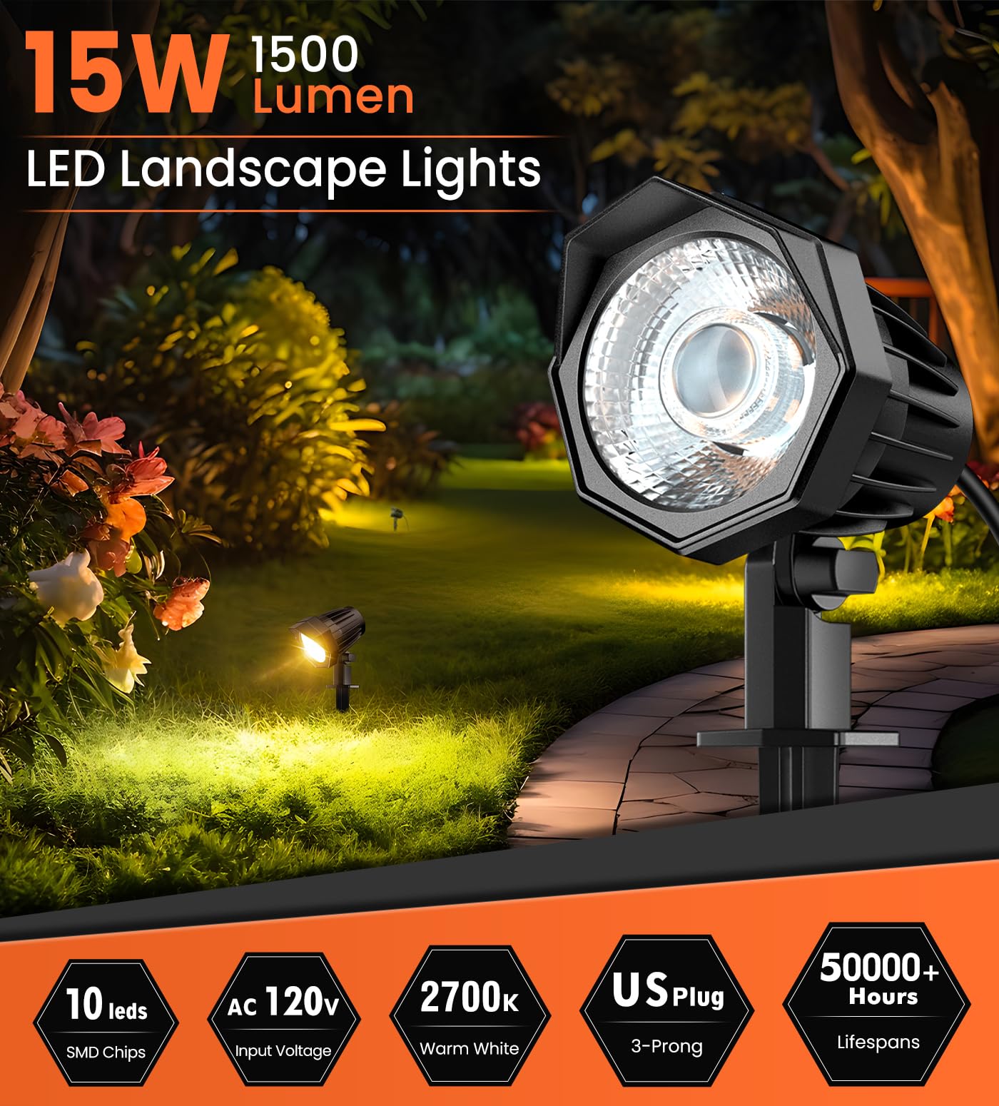 MEIKEE 15W 1500LM LED Landscape Lighting 120V 2700K Warm White Landscape Lights IP66 Waterproof Outdoor Garden Spotlights with US Plug for Wall Tree Fence Yard Path (2 Pack)