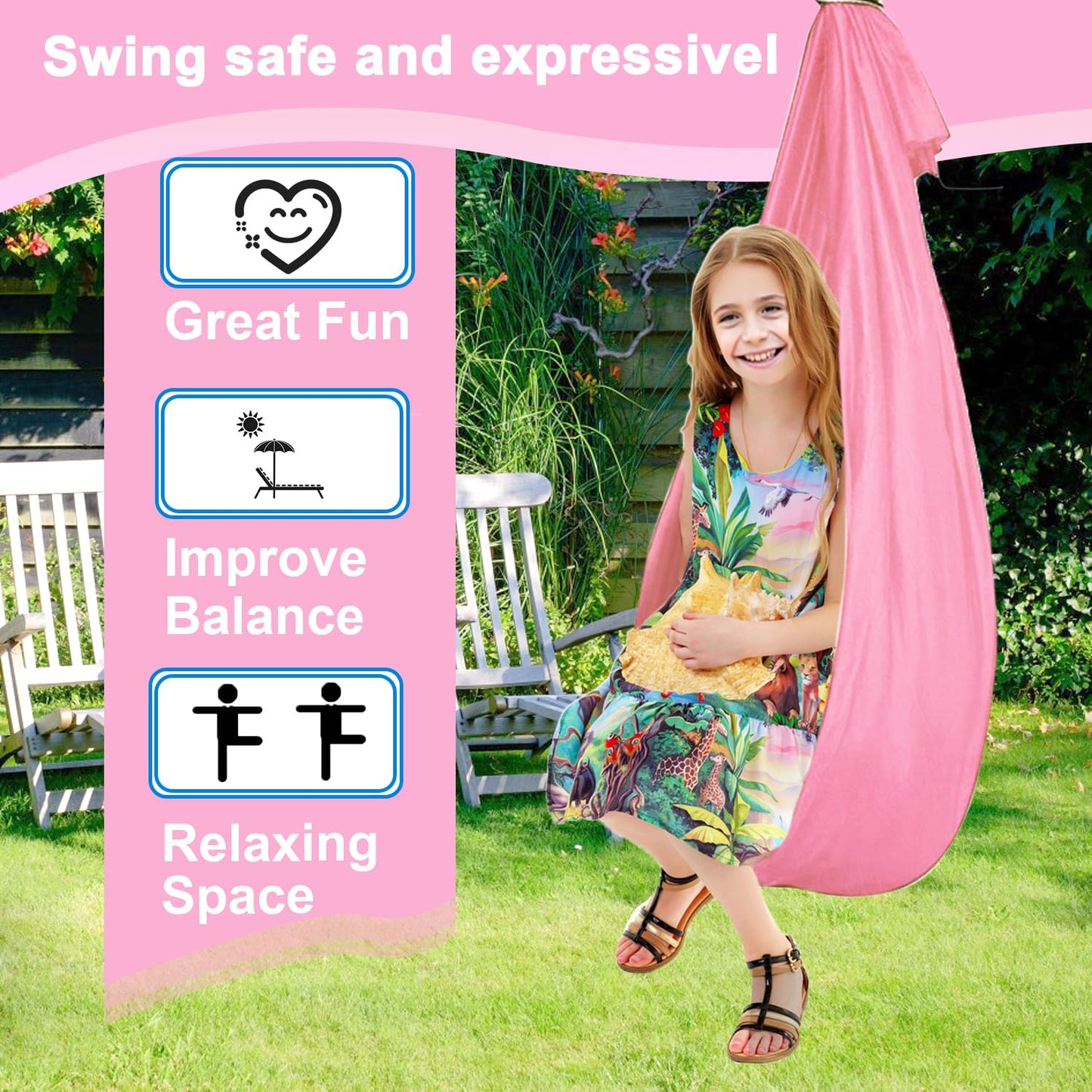 NOSTIFY Sensory Swing, Hanging Hammock Chair for Bedroom with Adjustable Hanger Kit, Relaxing Therapy Swing for Kids Autism ADHD Aspergers (Pink)