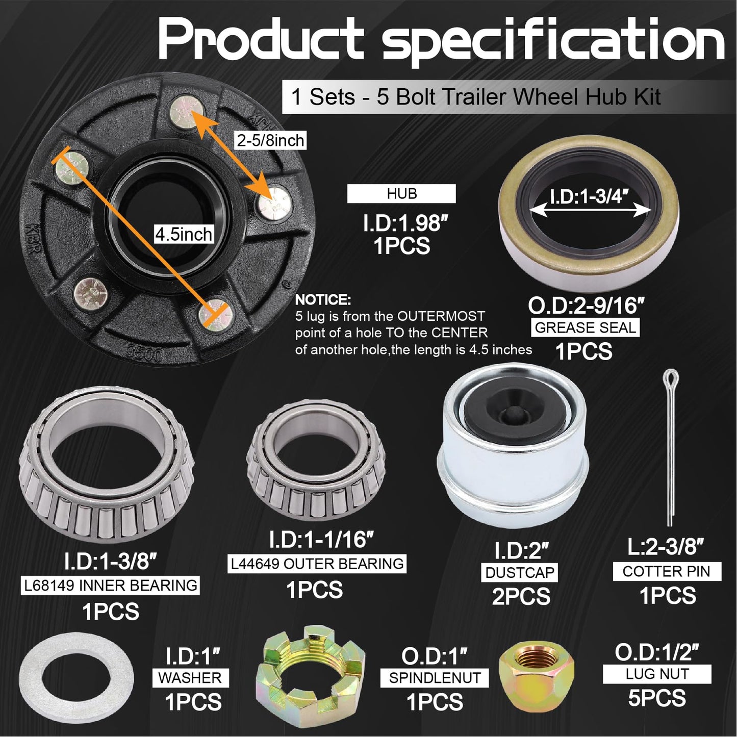 Ruikarhop 5 Lug Trailer Wheel Hub Kit,3500 LB-5 X 4.5 Trailer Axle Kit with(L68149 and L44649 Cone Bearings),Fits 1-1/16'' to 1-3/8" Trailer Axles 3500lb #84 Spindle for Rvs