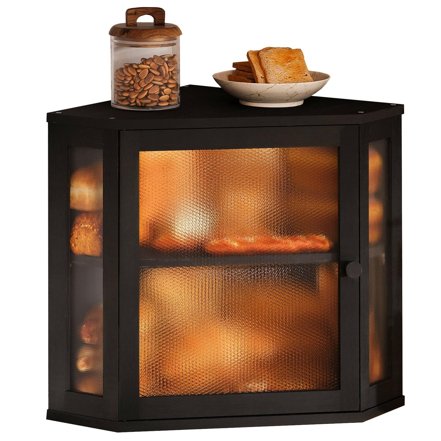 Furshus Corner Bread Box for Kitchen Countertop,Bread Storage for Homemade Bread, Double Layer Large Bamboo Kitchen Storage Bin with Window (Black, Medium)