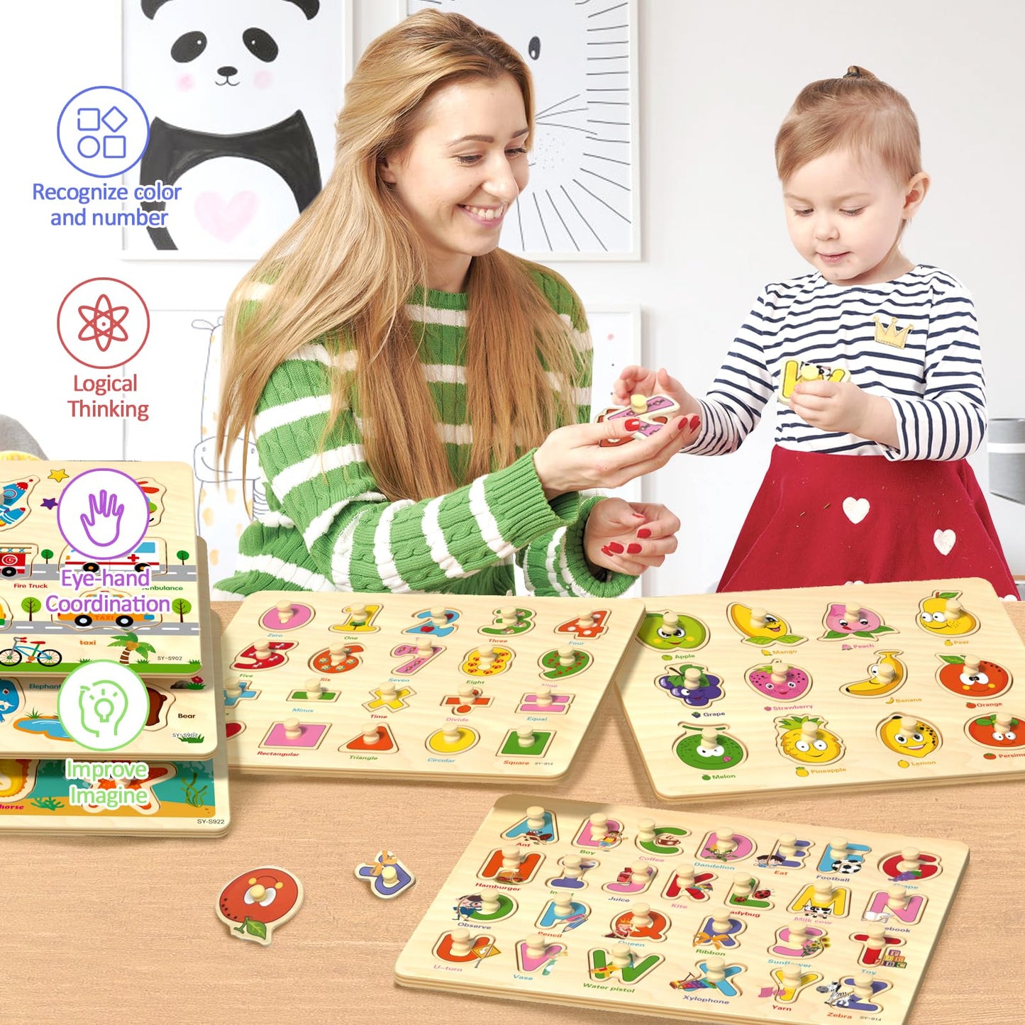 edutree Wooden Peg Puzzles for Toddlers 2-4, 6 Pack Educational Peg Puzzles Montessori Toys for Toddlers 1-3, Learning Puzzles for Kids Girs Boys with Alphabet Number Animal Vehicle Shape