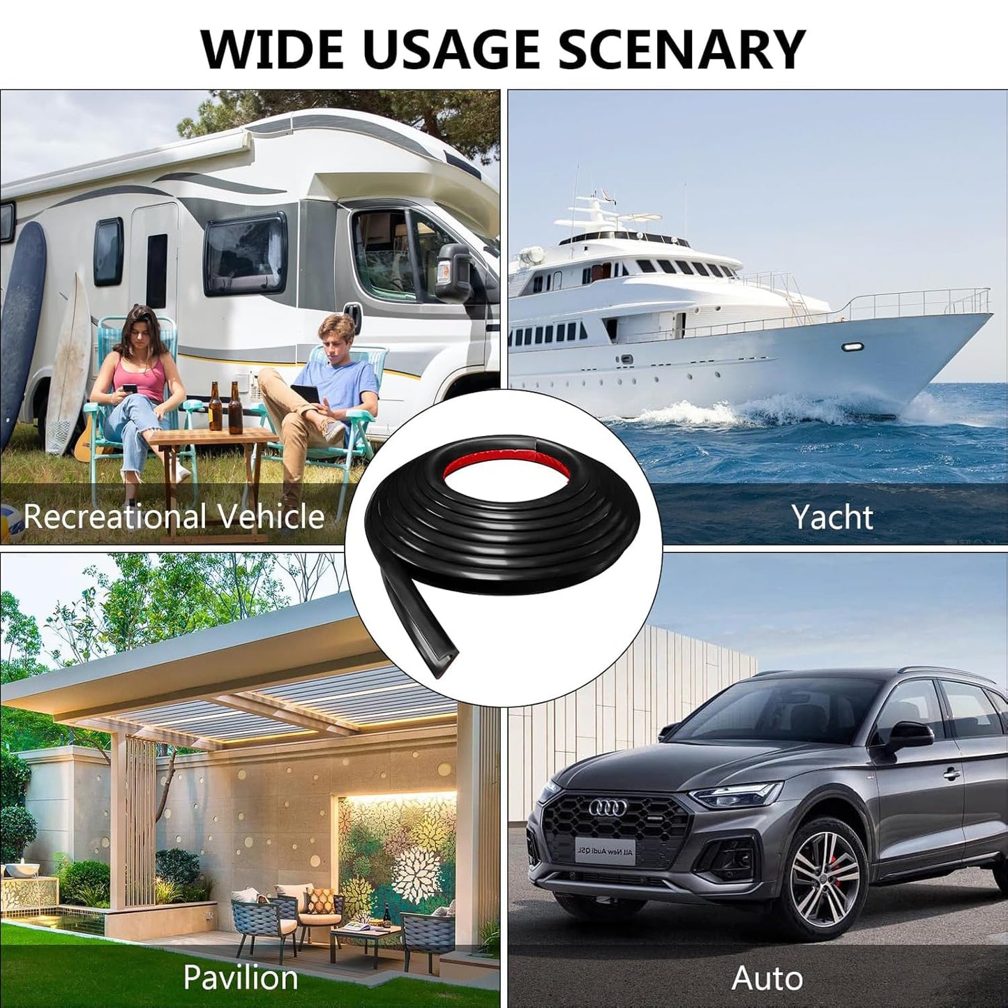 Yharnamite J Shape RV Rain Gutter, 10M Length Rubber Drip Strip with Adhesive Backing, Roof Rain Diverter Strip to Control Water Runoff, for Cars, Vans, Truck, Boat, RV (Black)