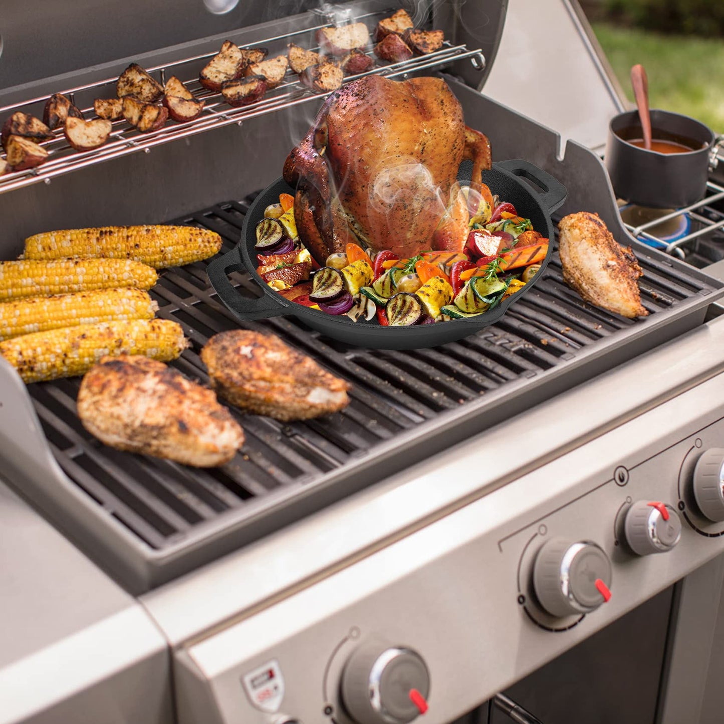 Onlyfire Universal Cast Iron Chicken Roaster, Pre-Seasoned Poultry Roaster Beer Can Turkey Holder with Roasting Pan for Most Grills and Oven