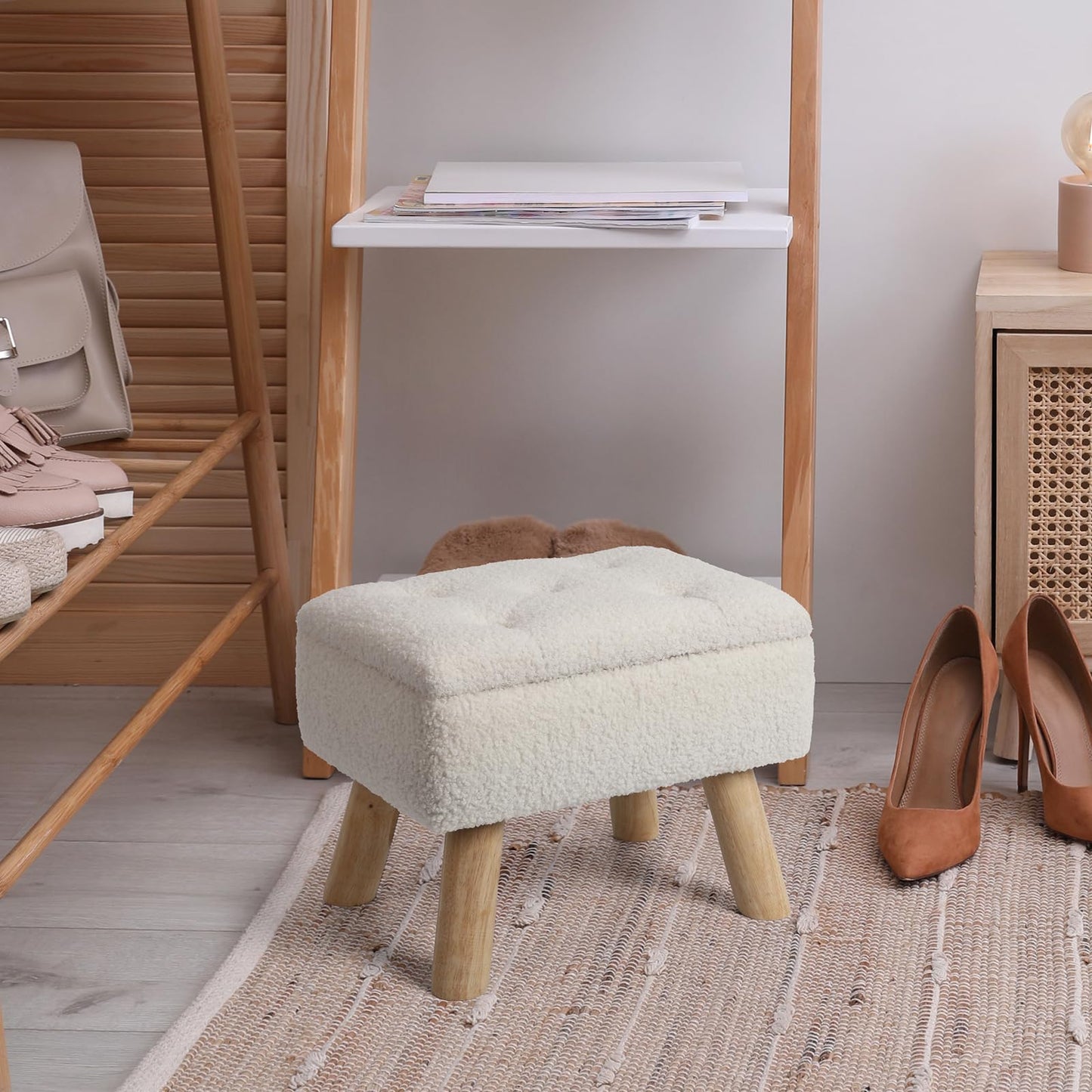 OGEMXU Storage Ottoman, Small Foot Stool Ottoman with Storage, Boucle Teddy Velvet Foot Rest with Padded Seat. (Cream)