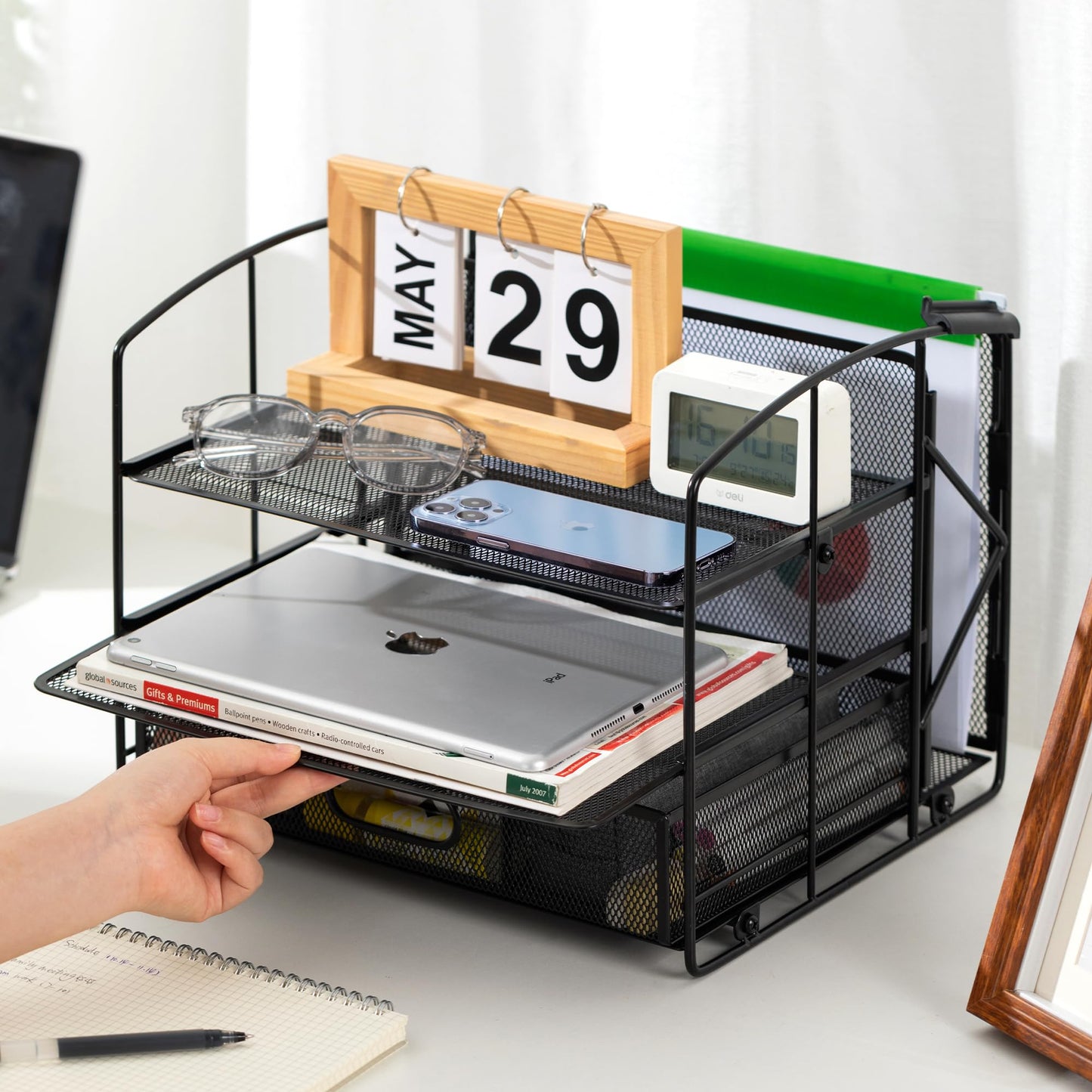 Amazon Basics Desk Organizer 3 Tray w/Sliding Drawer and Hanging File Holder, Black