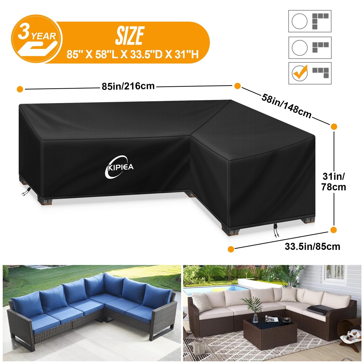 Kipiea Patio L-Shaped Sectional Sofa Cover, 420D Heavy-Duty Oxford Fabric Outdoor Sectional Cover with 6 Windproof Buckles, No Tears Anti UV No Fading (Right Facing, 85" x 58" L x 33.5" D x 31" H)
