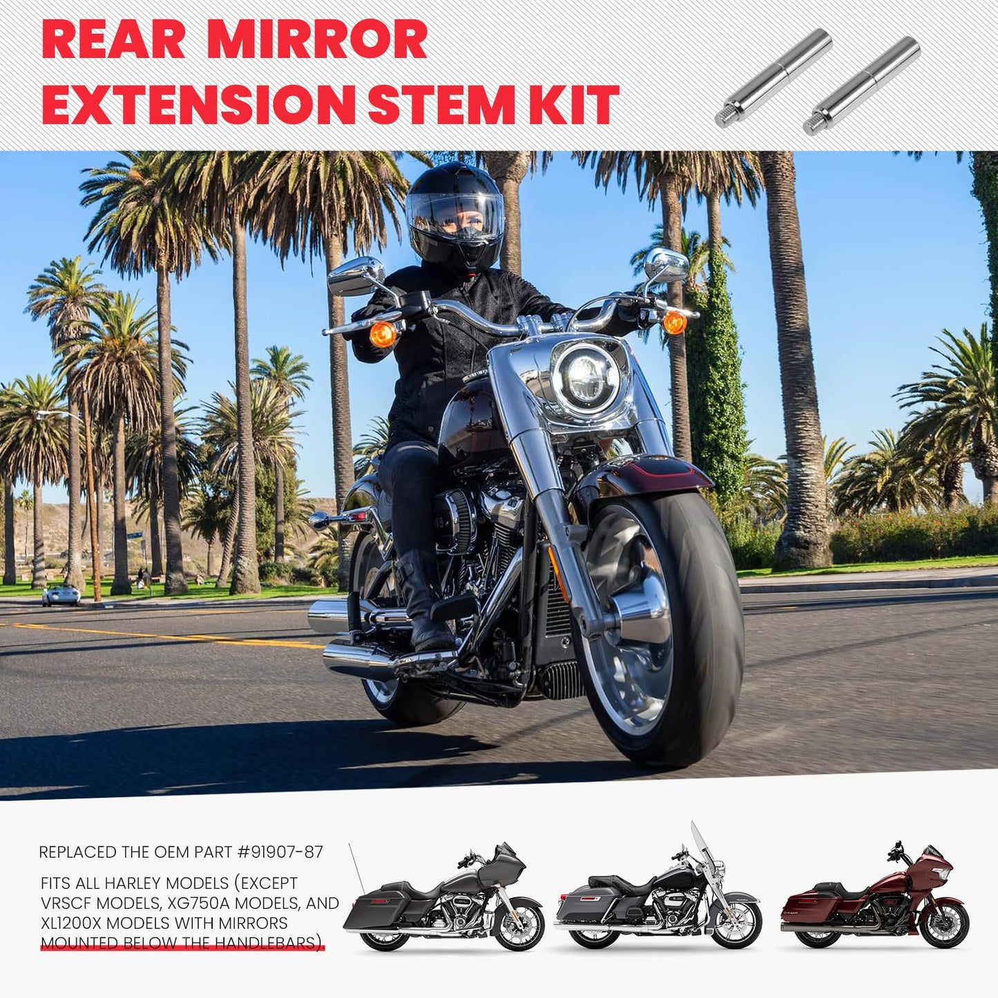 kekykm 2" Motorcycle Mirror Risers Height Extender Adapters Kit compatible with Harley Davidson Touring Softail Sportster Dyna 1982-Up Models Rear View Mirror Mount Extension 5/16 inch Thread Chrome