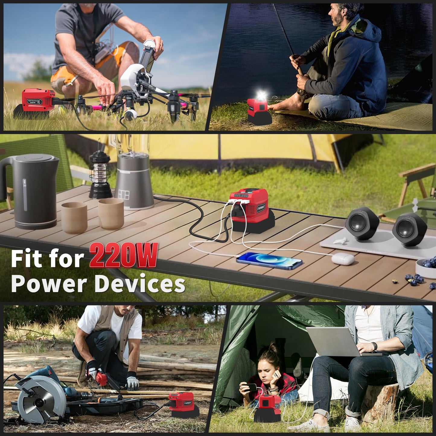 220W Power Inverter Compatible with Milwaukee 18V Battery Inverter DC 18V to AC 110V, 2 USB-A & 1 Type-C & 1 AC Outlet, 400 Lumen (Battery Not Included)