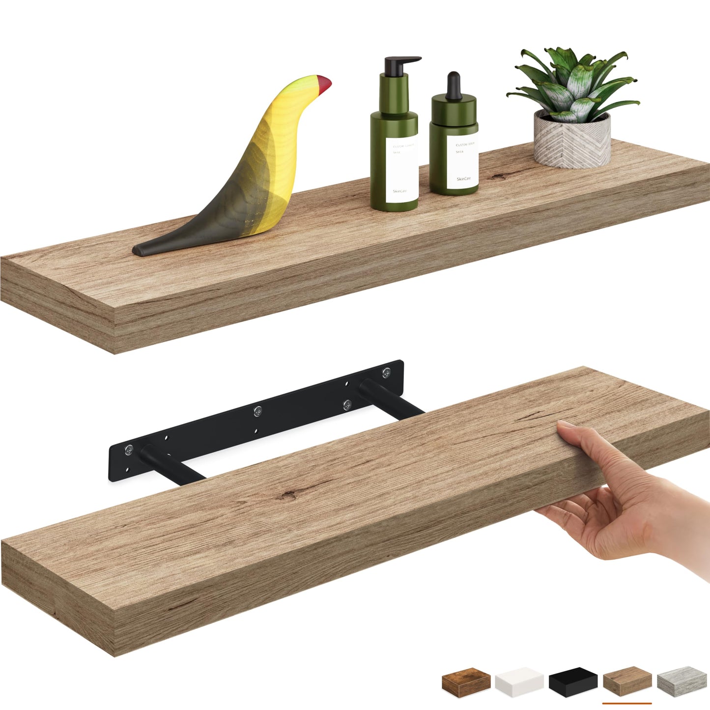 Ballucci Floating Shelves, 24" Wood Wall Shelf Set of 2, Invisible Brackets Floating Shelf Bathroom Wall Decor, Living Room, Bedroom, Kitchen, Nursery, 6" Deep, Natural Oak
