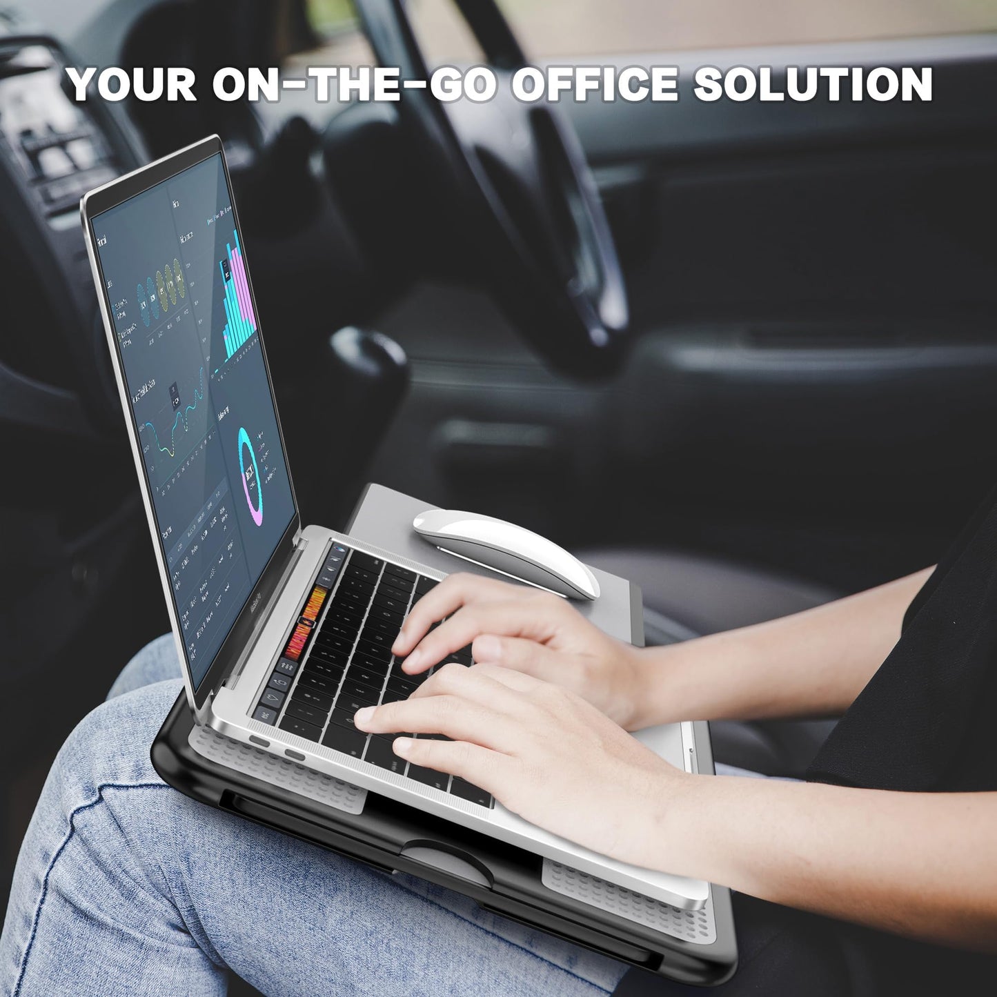 AboveTEK Portable Laptop Lap Desk w/Retractable Left/Right Mouse Pad Tray, Non-Slip Heat Shield Tablet Notebook Computer Stand Table w/Sturdy Stable Cooler Work Surface for Bed Sofa Couch or Travel