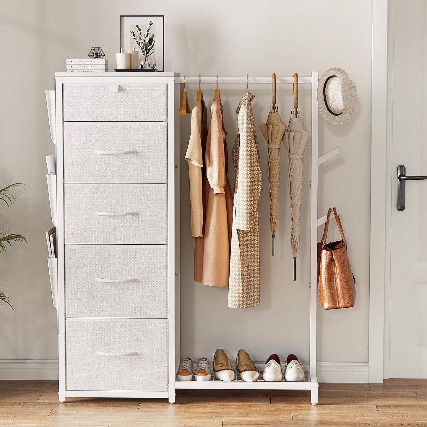 Luxspire Dresser with Hanging Rack, Reversible Dresser for Entryway with 5 Fabric Storage & 3 Coat Racks & Side Pockets Small Closet with Clothes Rack, White