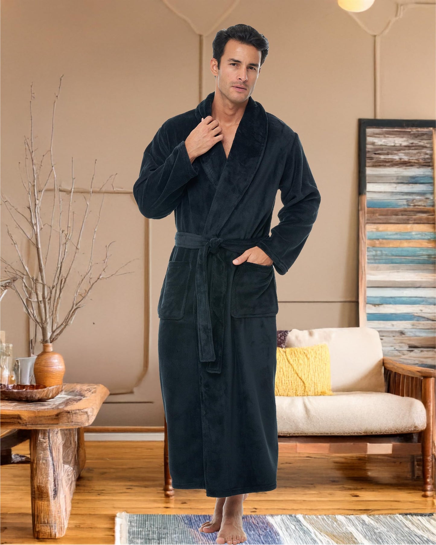 Alexander Del Rossa Long Mens Robe, Full Length Big and Tall Winter Bathrobe for Men, Mens Bath Robes, Black, X-Large Tall
