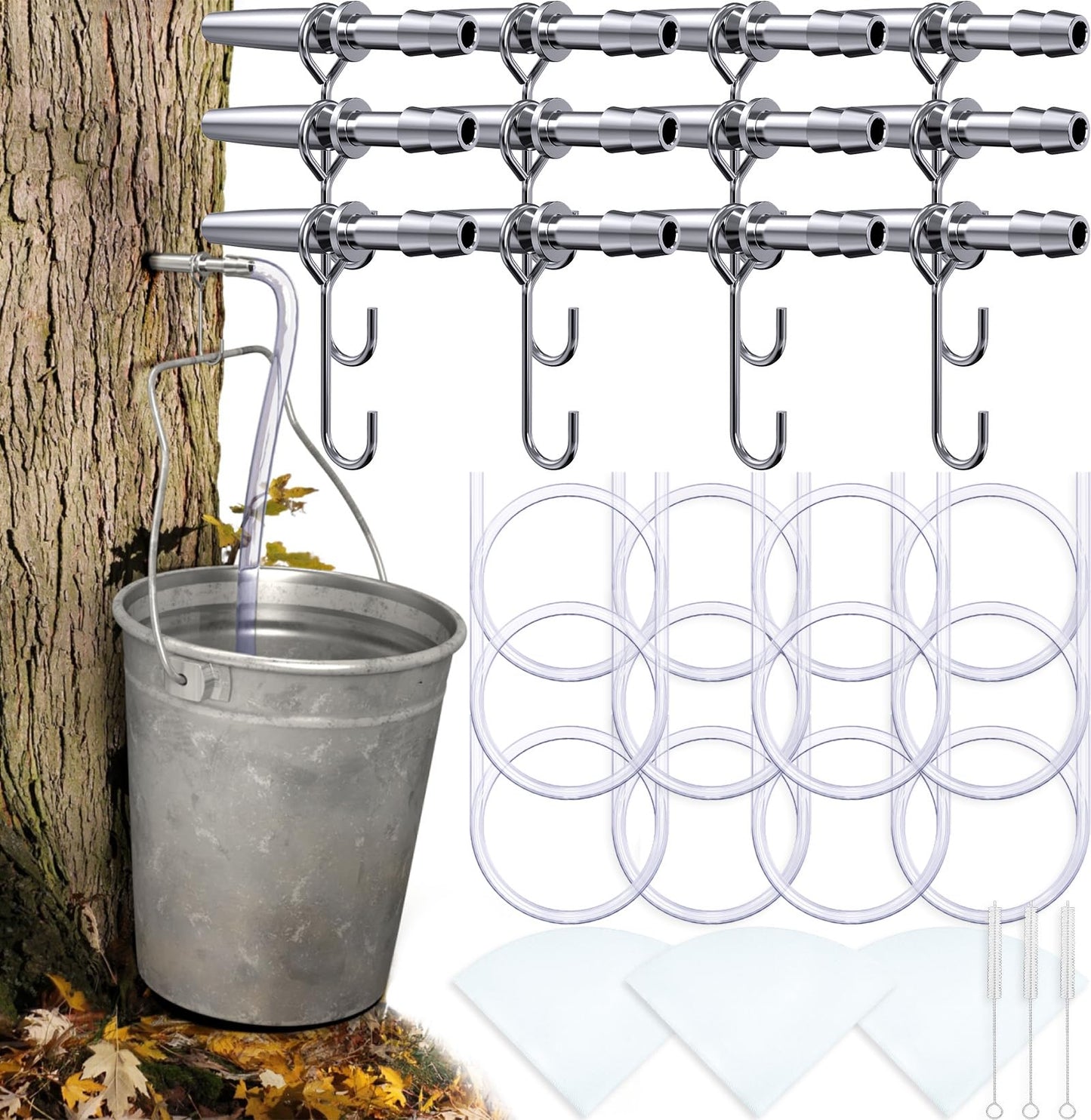 Maple Syrup Tapping Kit, (12 Set) Maple Tree Tapping Kit with Stainless Steel Maple Syrup Spiles, Hooks, 3FT Sap Tubes, Maple Syrup Filter, Metal Tree Sap Tapping Kit for Maple Syrup Making Equipment