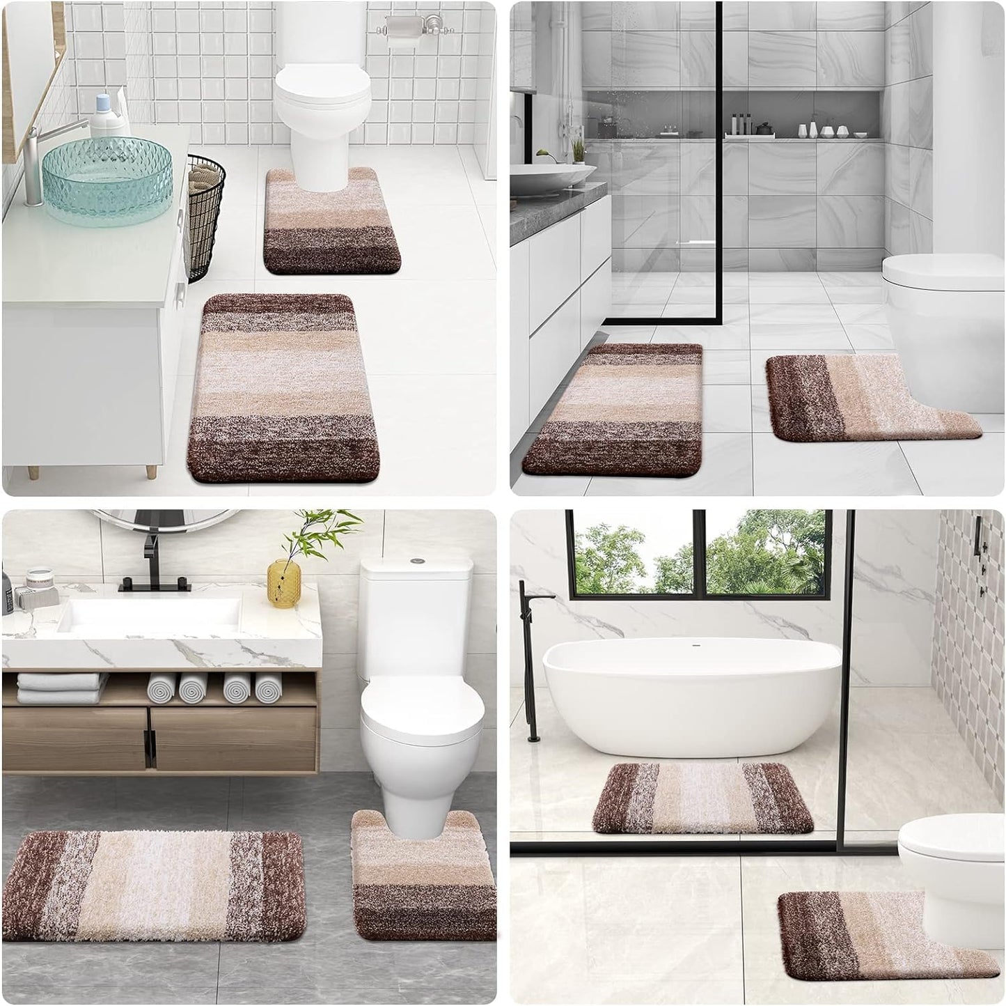 OLANLY Luxury Bathroom Mat Set 2 Piece, Soft Microfiber Absorbent Bath Mat and U-Shaped Contour Toilet Mat, Non-Slip Bathroom Rug Set, Machine Wash, Bath Mats for Bathroom, (24"x16"+24"x20", Brown)