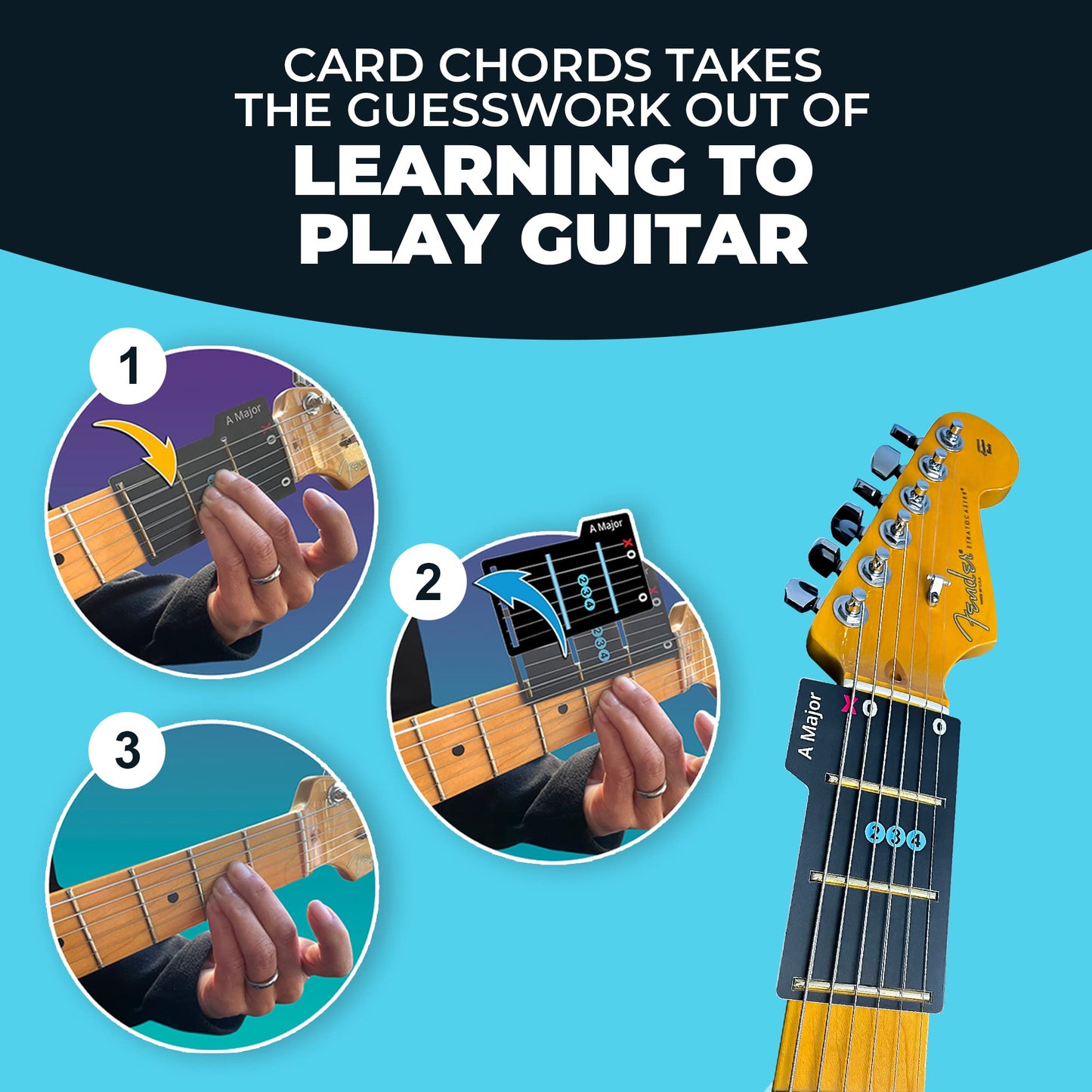 Learn Guitar in Minutes Deluxe Edition with Case Card Chords (Fits All Guitars) GUITAR CHORDS allow you to PLAY the ACOUSTIC or ELECTRIC Guitar while the CARD is on the FRETBOARD Guitar Gift