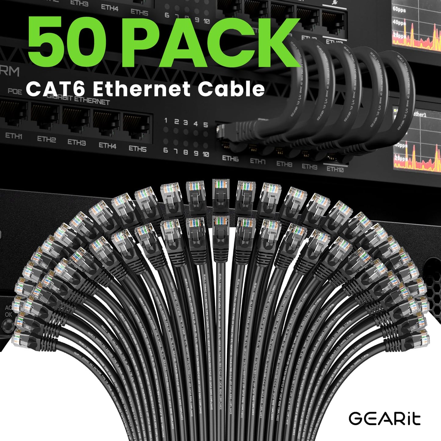 GearIT 50-Pack, Cat 6 Ethernet Cable Cat6 Snagless Patch 1 Foot - Snagless RJ45 Computer LAN Network Cord