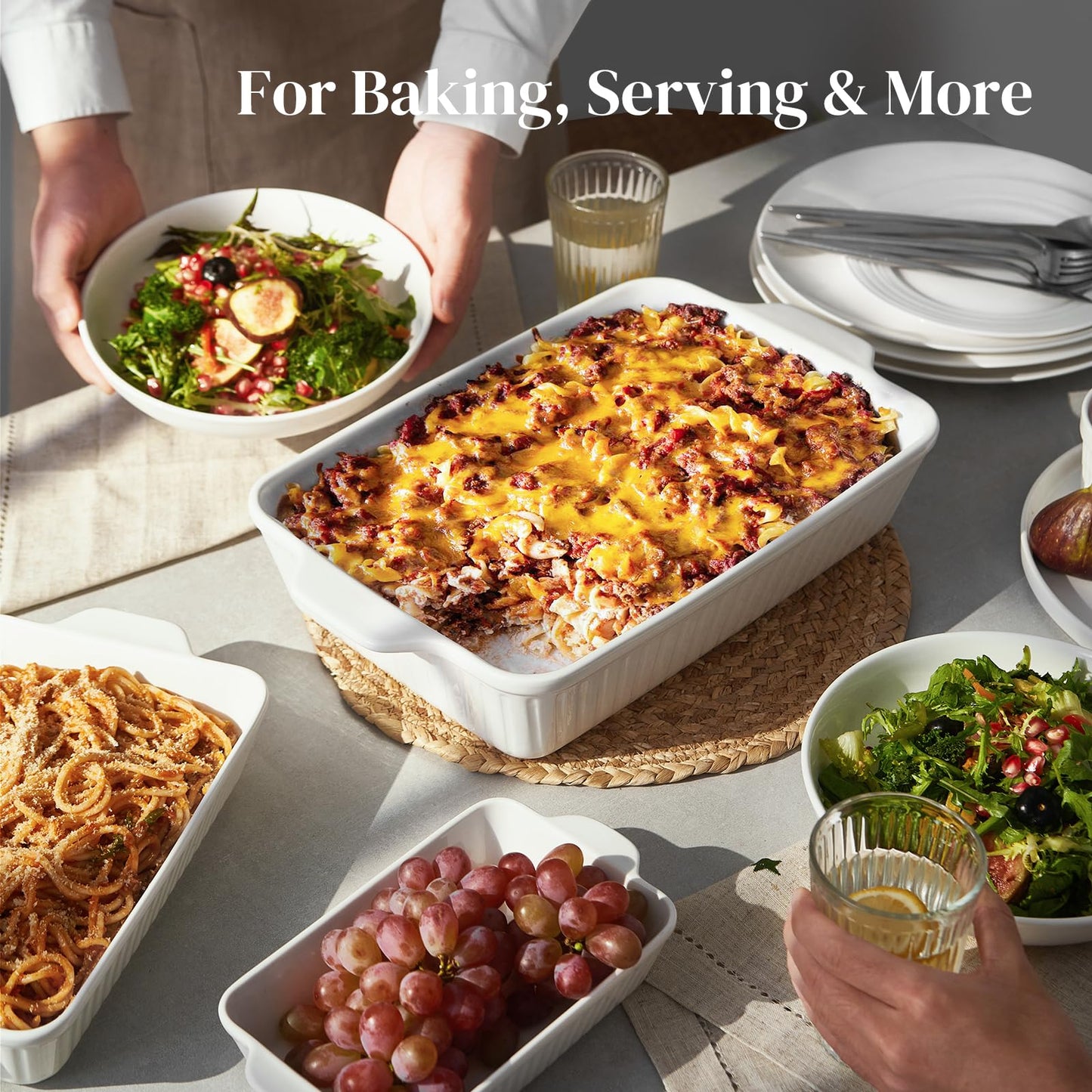 DOWAN Casserole Dishes for Oven, Baking Dishes Set, Ceramic Bakeware Sets of 3, Lasagna Pan Deep, Rectangular Baking Pan Set with Handles for Baking, Casserole, Kitchen, Wedding Gift, Soft White (15.6
