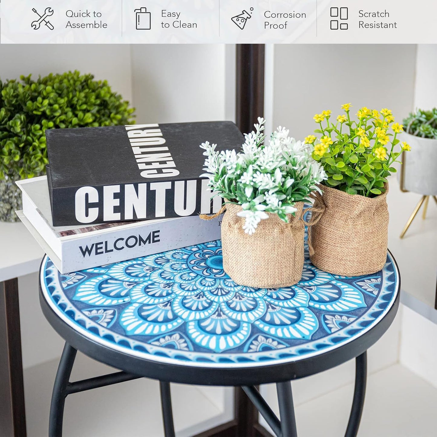 17" Tall Patio Side Table, 14 Inch Round Side Table, Weather Resistant Anti-Rust Metal Indoor Outdoor Side Table for Patio Yard Porch Balcony Garden Bedside, Blue