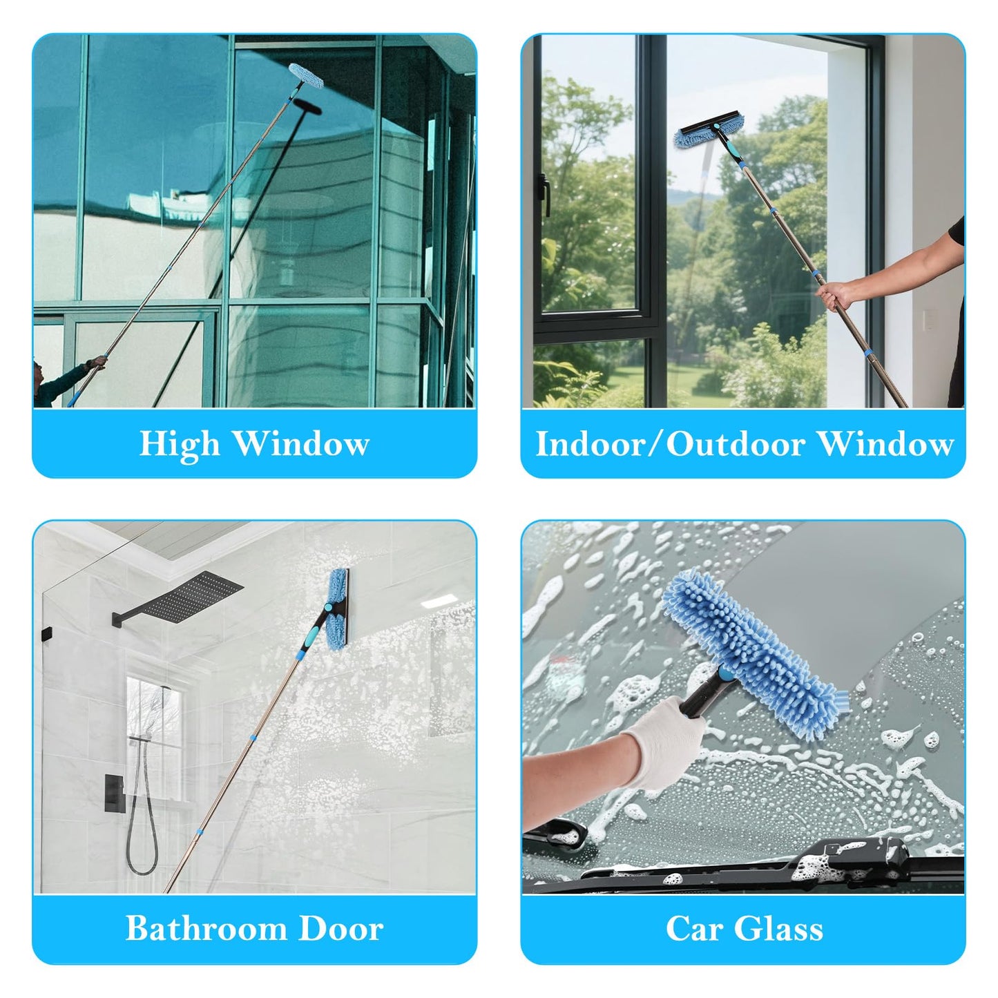 Terafeels 110.23in / 280cm Window Cleaning Tools, Window Squeegee: 2 in 1 Double-Sided Professional Cleaner Window Washing Kit with Extension Pole (Blue)