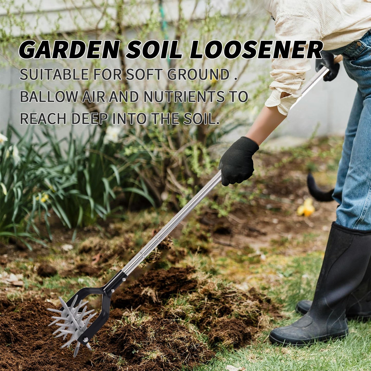 BARAYSTUS Rotary Cultivator Tool, Adjustable Garden Hand Tiller, Aerate, Weed, Plant, Garden Cultivator for Soil Mixing or Reseeding Grass