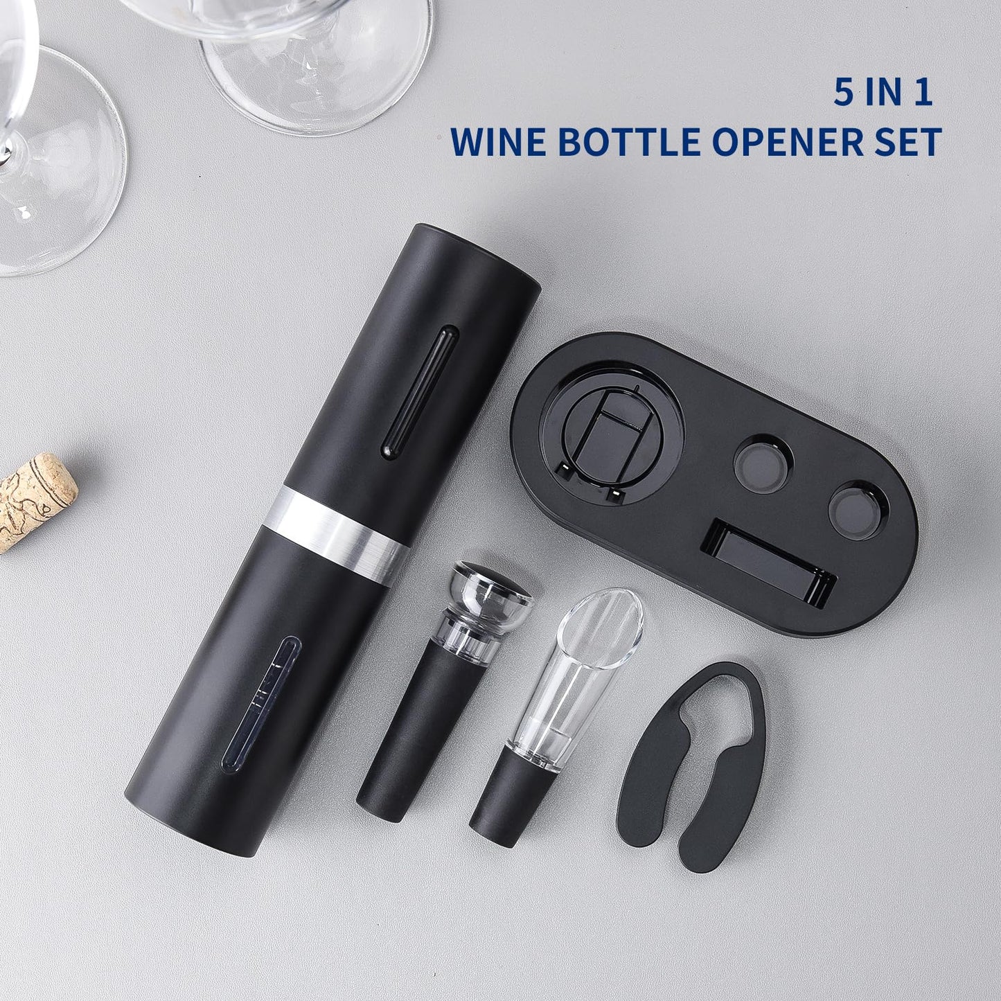 CIRCLE JOY 5-in-1 Electric Wine Opener Set, Rechargeable Wine Corkscrew Bottle Opener with Charging Station, Foil Cutter, Led Indicator, Aerator Pourer and Vacuum Stopper