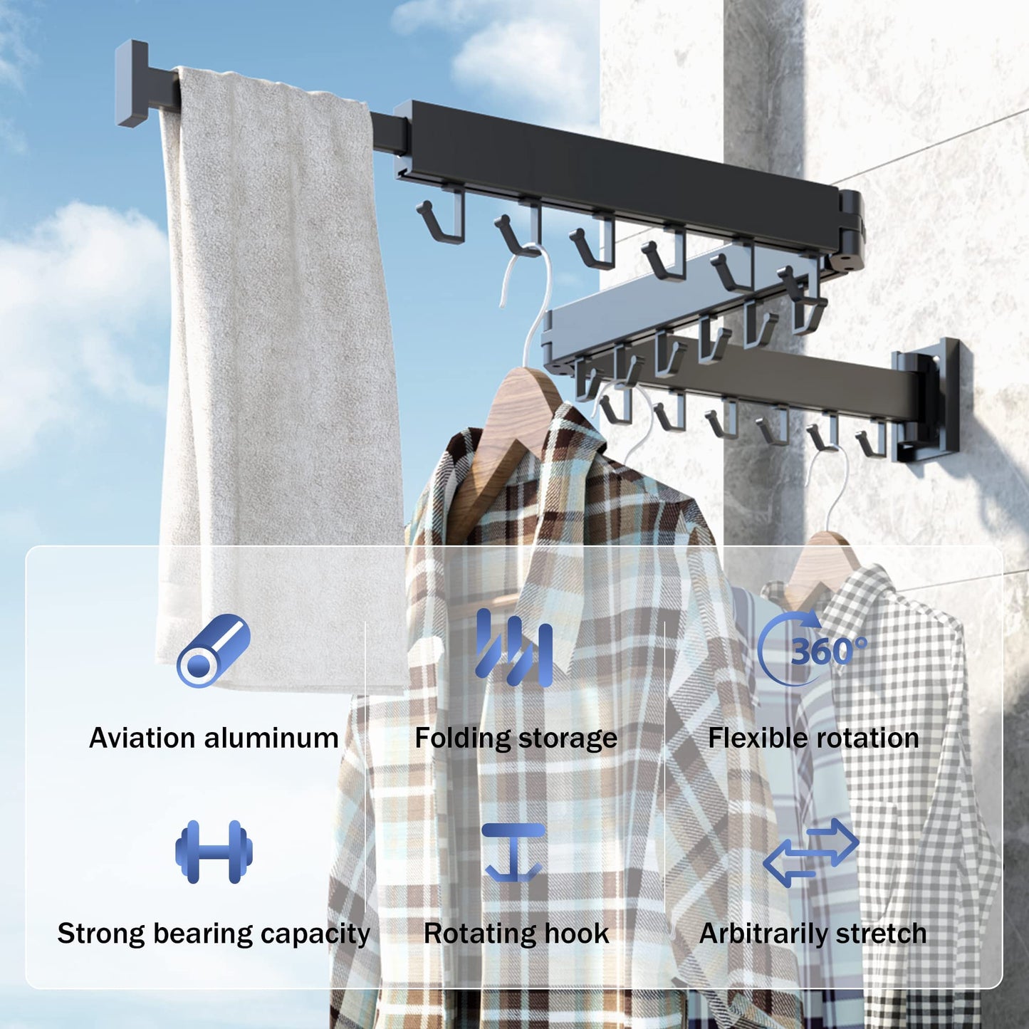 Clothes Drying Rack,Laundry Drying Rack,Wall Mounted Clothes Rack,Clothes Hanger Rack,Laundry Rack Wall Mount,Folding,Retractable,Collapsible,Laundry Room Organization(J Shape Hooks)