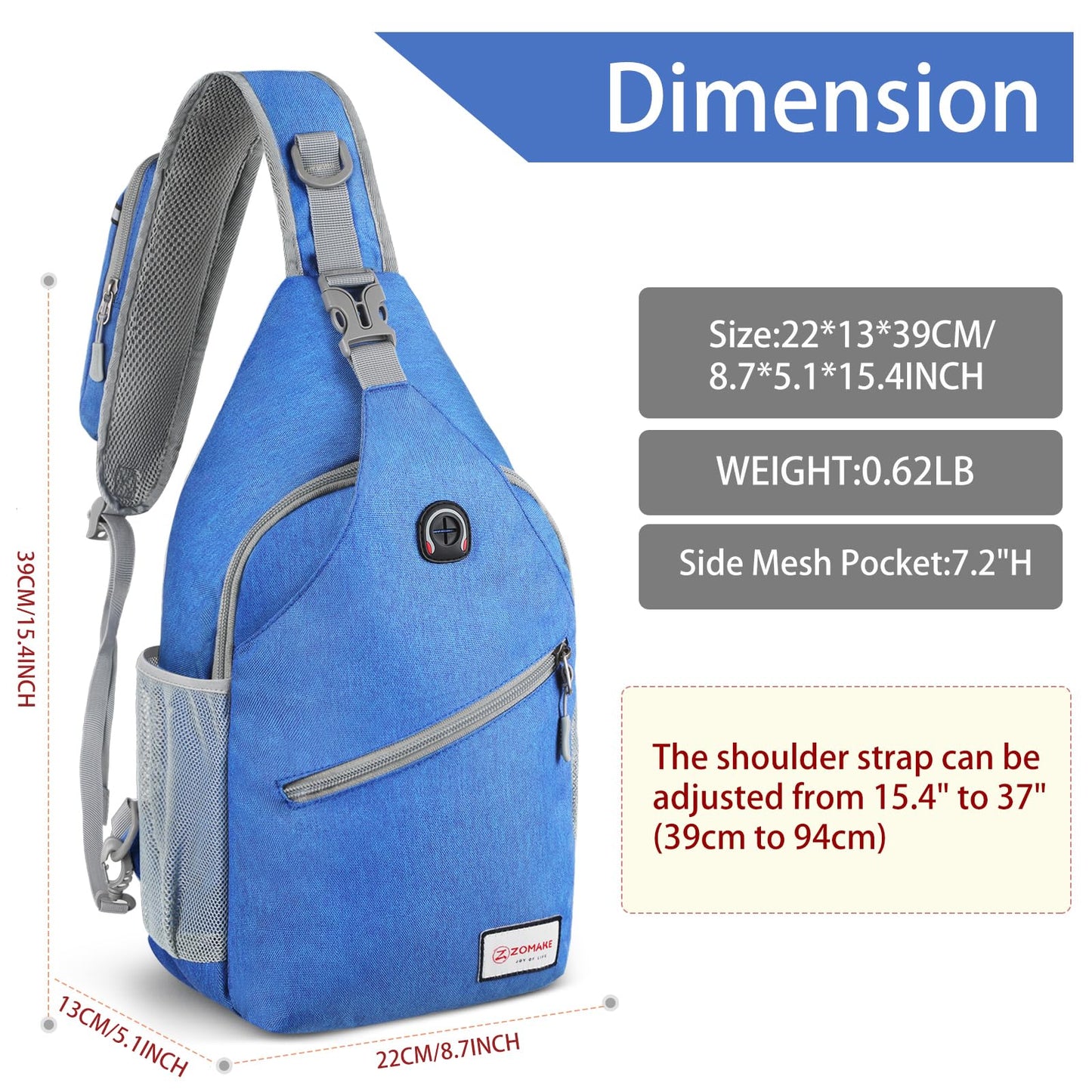 ZOMAKE Sling Bag for Women Men,Cross Body Bag Shoulder Hiking Sling Backpack,Anti Thief Daypack Sac Bandoulière(Blue)