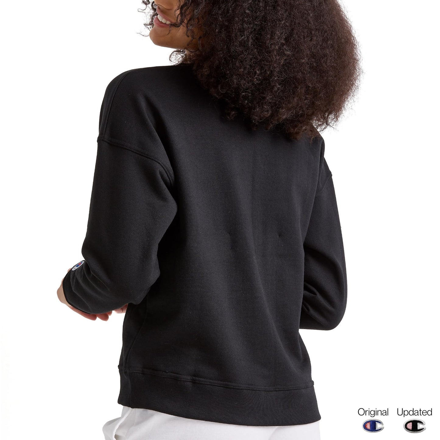 Champion Women's Sweatshirt, Powerblend, Crewneck for Women, Script (Plus, Black Script, Medium