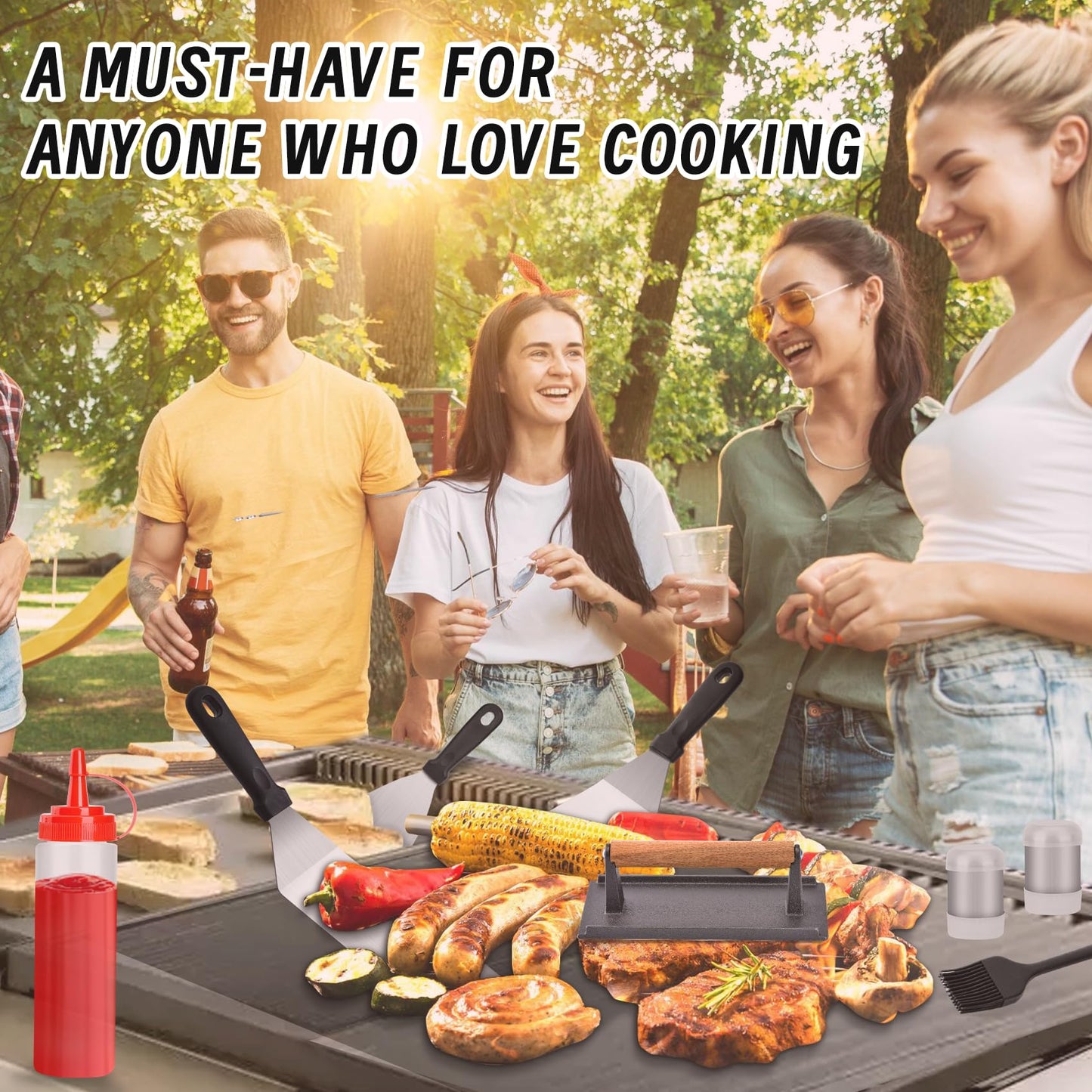 Onlyflame 26PCS Professional BBQ Griddle Tool Kit for Flat Top Grill Blackstone and Camp Chef - Stainless Steel Griddle Spatulas Accessories Kit with Basting Cover, Carry Bag and More Tools
